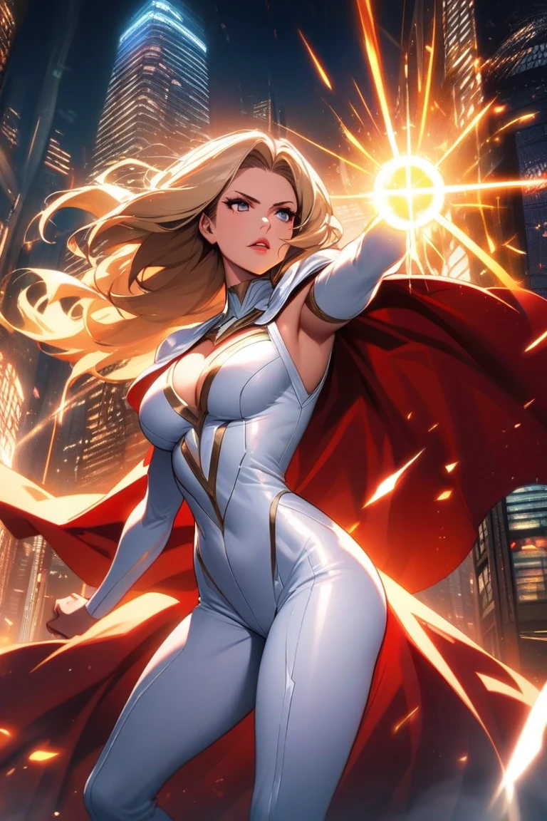 At the top of the mountain and on the edge of the cliff, a muscular blonde woman completely undressed, with huge ass, big breasts and pink nipples, wearing white spacesuit, Looking and smiling at the camera, Beautiful feet, showing the whole body. Under the cliff, Four spaceships slowly emerge from the ruins of a desolate city built in the desert, Going to the stars, cinematic lighting, melhorar, anáglifo, optical illusion, From above, atmospheric perspective, ultra HD, 8K.