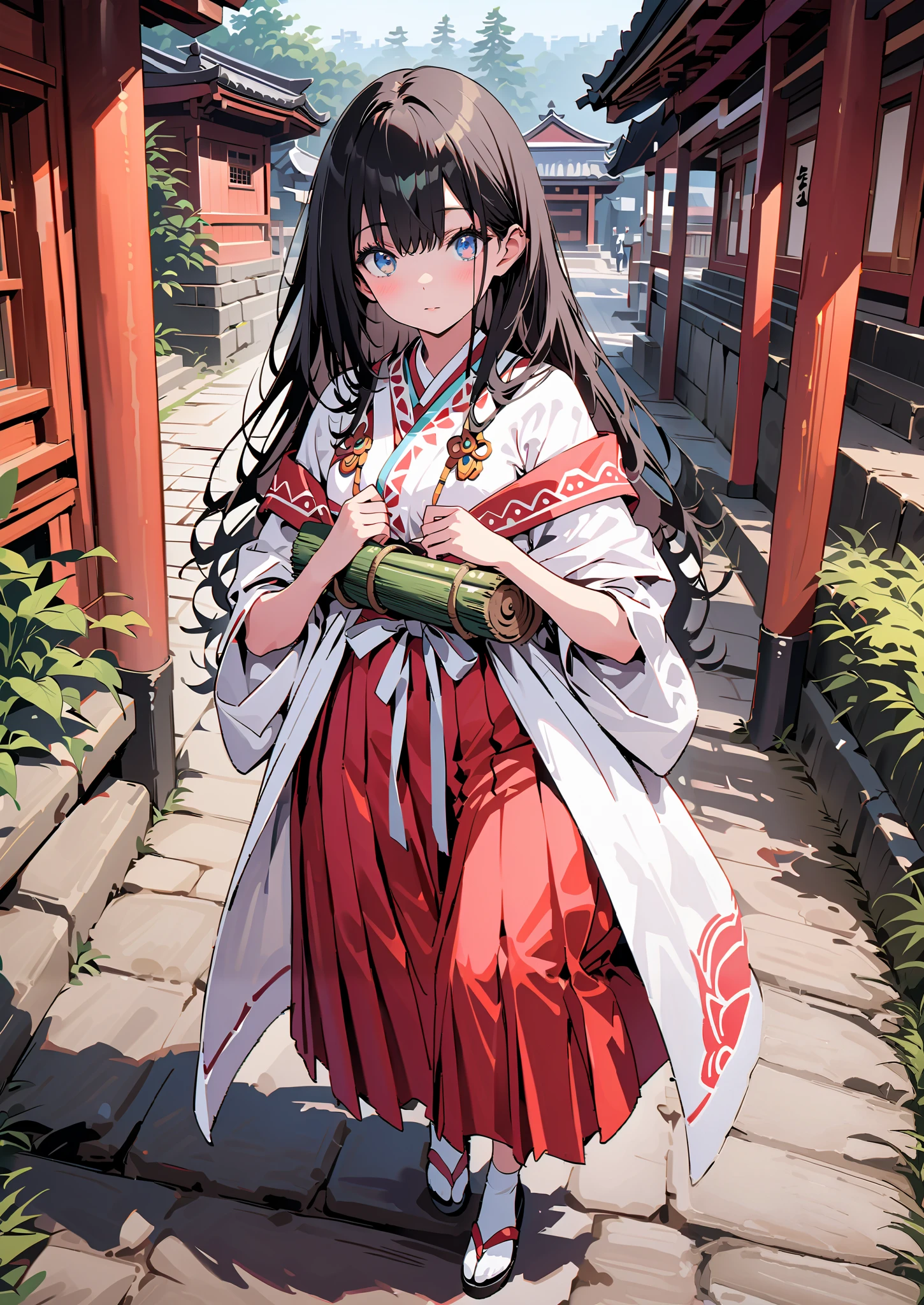 It's because of Rikkata, black hair, blue eyes,semi-long hair, Orange Scrunch , scrunchie , List Scrunch, shrine maiden costume, white kimono ,Red Hakama, white socks,Sandals,I'm cleaning the stairs with a bamboo broom with both hands,noon,full bodyがイラストに入るように, break outdoors, shrine,
break looking at viewer,full body,
break (masterpiece:1.2),Highest quality , kampala, Unity 8K Wallpaper ,(shape:0.8),( fine, beautiful eyes :1.6),It's a person ,full body写真,CG Details , (perfect hands, complete anatomy),