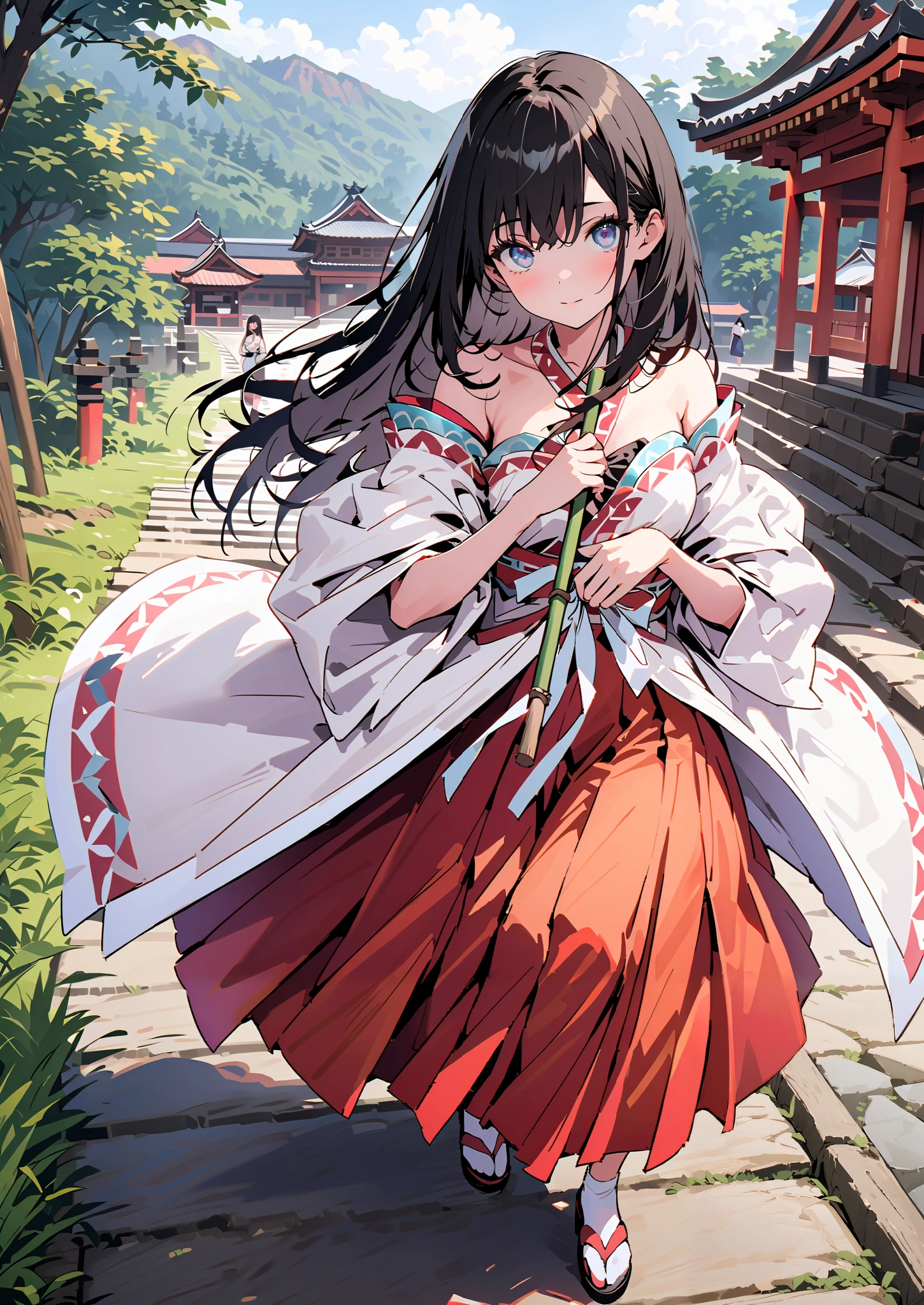 It's because of Rikkata, black hair, blue eyes,semi-long hair, Orange Scrunch , scrunchie , List Scrunch, shrine maiden costume, white kimono ,Red Hakama, white socks,Sandals,I'm cleaning the stairs with a bamboo broom with both hands,noon,full bodyがイラストに入るように, break outdoors, shrine,
break looking at viewer,full body,
break (masterpiece:1.2),Highest quality , kampala, Unity 8K Wallpaper ,(shape:0.8),( fine, beautiful eyes :1.6),It's a person ,full body写真,CG Details , (perfect hands, complete anatomy),