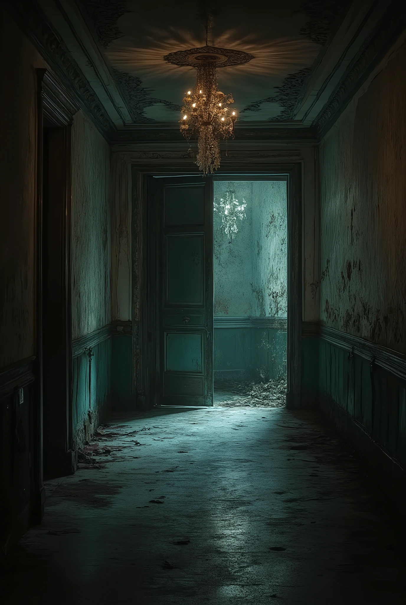Un long couloir délabré, avec du papier peint déchiré, des planchers grinçants et des chandeliers poussiéreux. La lumière est faible, avec des ombres étranges sur les murs. Une porte au bout du couloir semble légèrement entrebâillée.
Style : Anime dark, effets de lumière dramatiques, textures détaillées.
Cadrage : Vue subjective pour donner une sensation d’immersion.