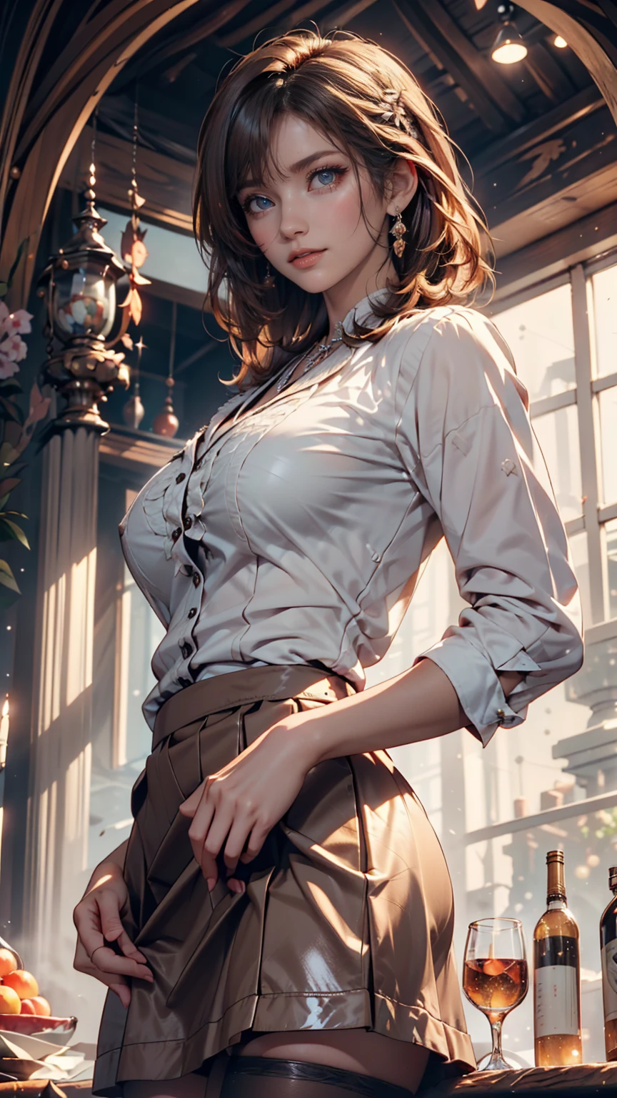 8K, RAW Photos, highest quality, masterpiece:1.2), (Realistic, photo-Realistic:1.37)、Earrings, eyelash, pantyhose、Sexy and provocative smile、 (Shiny skin:1.05)、Venus Body、Thin waist、Having her hair done、My chest is popping out、Wear accessories on your wrist、Wearing accessories on the ankle、Background blur((depth of field)、23 year old white female、Wear a sheer blouse、Blouse unbuttoned to highlight cleavage、Nipples are visible through、Wear a tight skirt、Bewitching Smile