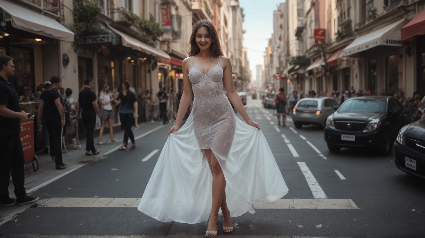 Bastille Day in France、Festive Pariany flowers bloom in the city、24 year old Caucasian female、Blonde、blue eyes、Blue inner color、Sexy proportions、Sexy、White Summer Dress、Wide-brimmed hat decorated with ribbon、High heels、Wander around Paris、smile