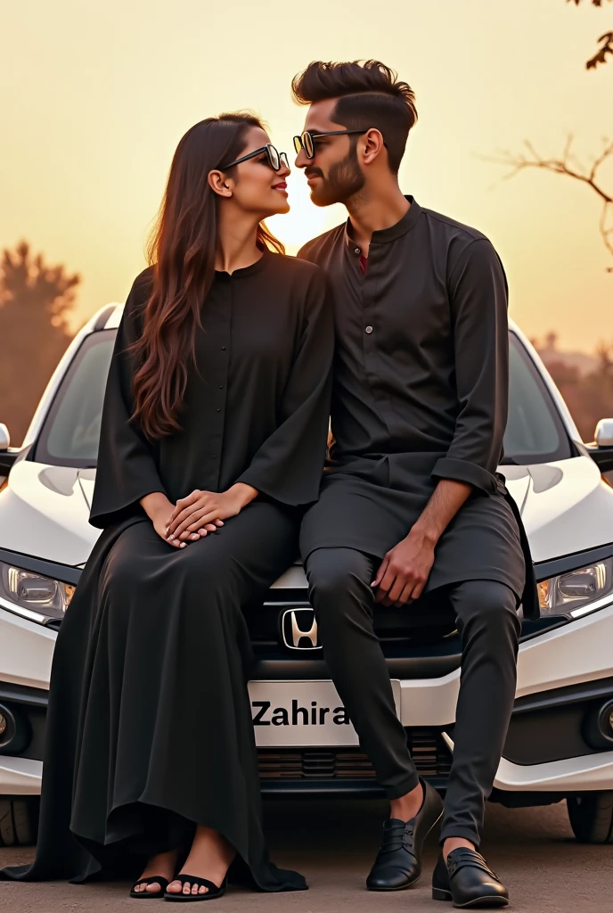 A romantic couple, a handsome 30-year-old Indonesian man with layered hair, and a beautiful chubby woman wearing a hijab and jeans, are embracing romantically in a luxurious BMW car. The background is a city street.