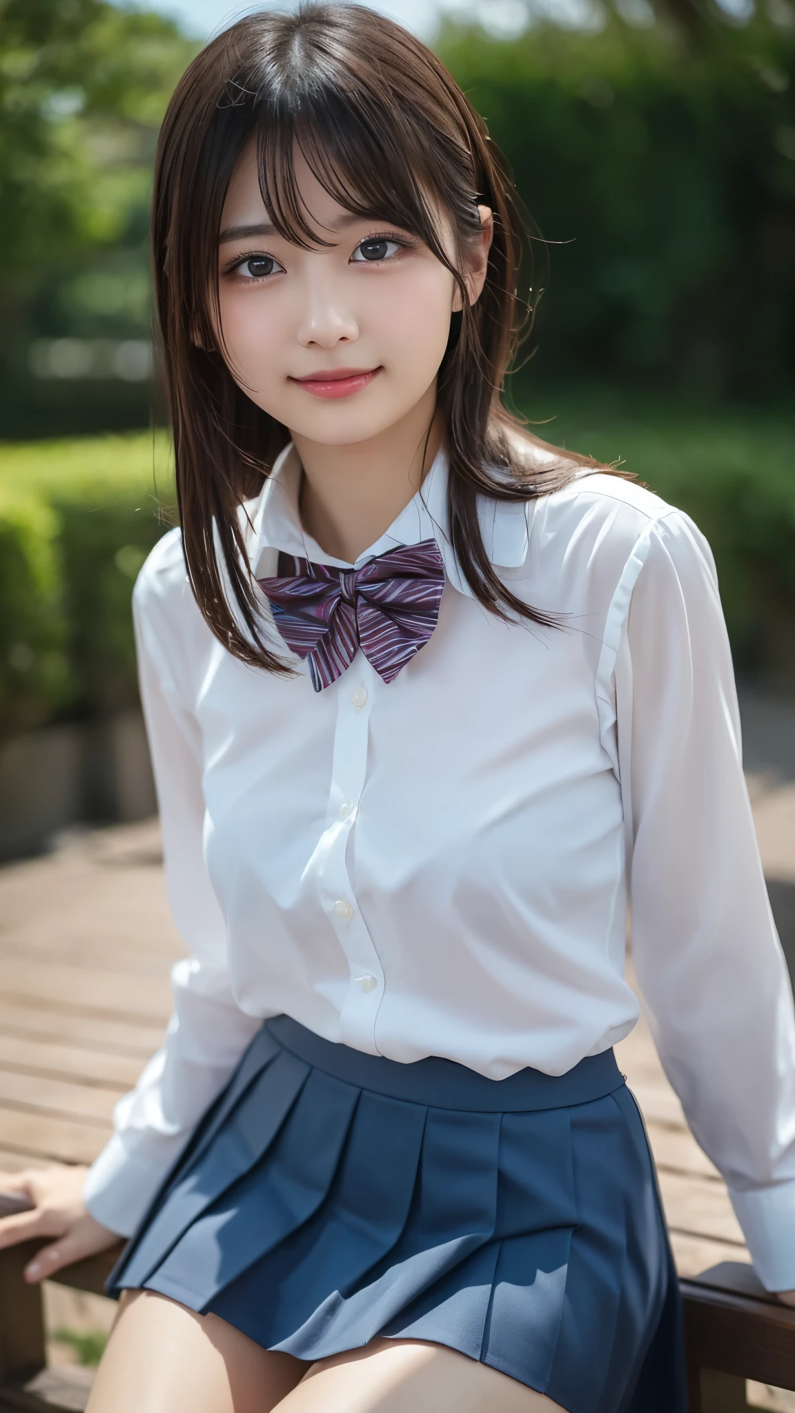 Arafed asian woman in a white shirt and blue skirt sitting on a bench ...