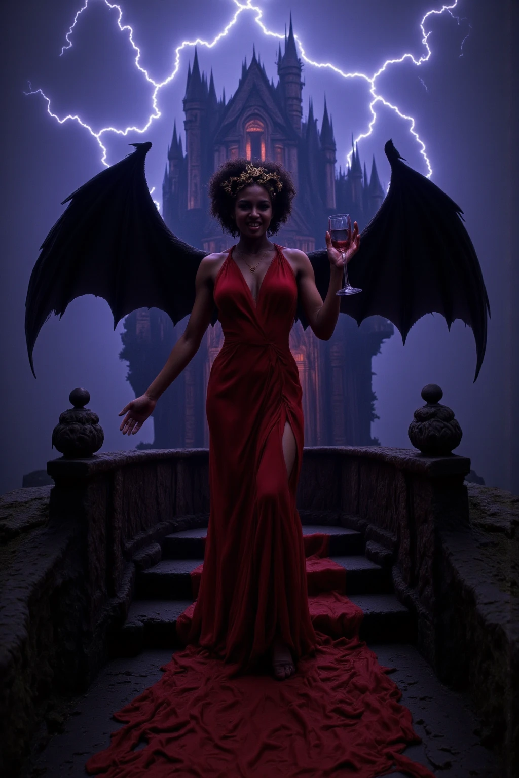 She is a vampire wearing a stylish outfit.She has huge wings, a smile showing her fangs, and is holding a wine glass with her hand.You can see the sky blazing with lightning and a huge castle.Professional photography, sexy,High definition,8k