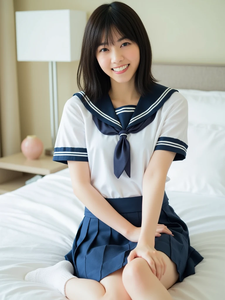 1girl, 16 yo, japanese gravure model, cute beautiful girl, medium breasts, clean face skin, natural smile,fascinating smile, (dropping eyes:1.4), looking at viewer,
BREAK
sexy feeling, erotic feeling,
(hot-pillow hotel's room:1.2), (Immediately after sexual intercourse:1.1), (japanese high school uniform with sailor collar:1.2), sailor uniform, red scarf, (pleated check skirt:1.3), sit on the bed, spread legs slightly, show panties, white panties, very small lace panties, thin matte fabric cotton panties, panties under the skirt, (a glance of panties:1.6), 
(dynamic angle, dynamic pose:1.3), (from slightly below:1.5),
BREAK
masterpiece, best quality, highres, detailed skin, detailed, detailed face and eyes, hi-res, natural lighting, perfect anatomy, physically-based rendering, photorealistic, symmetric clear eyes, well-groomed face,