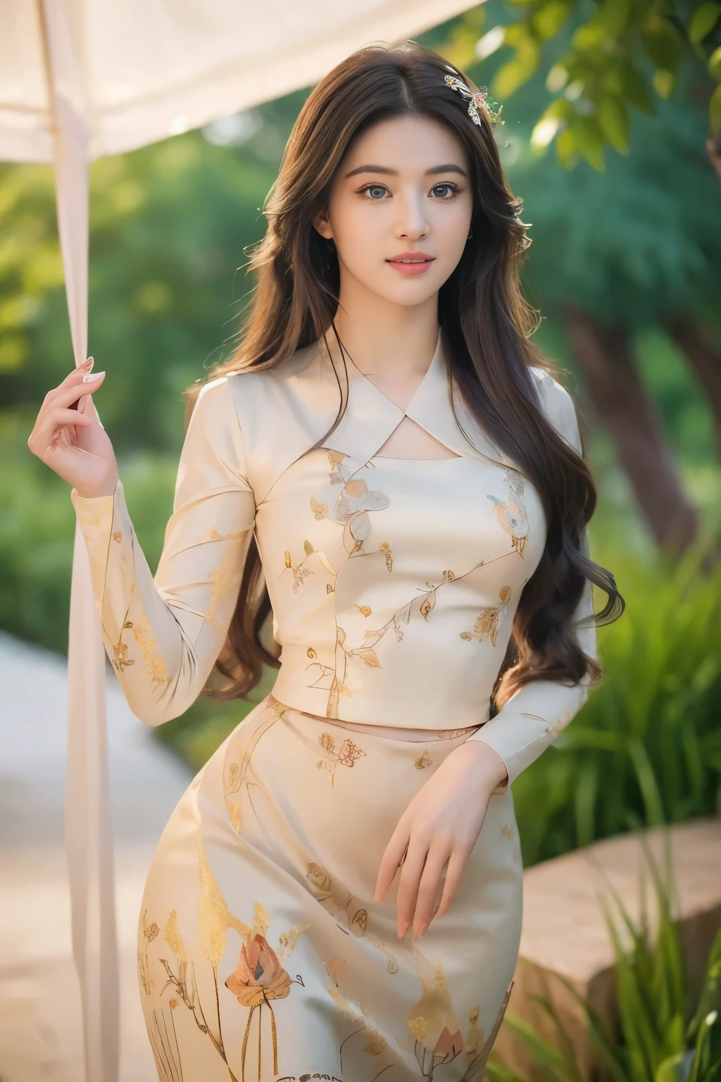 (best quality,4k,8k,highres,masterpiece:1.2),ultra-detailed,(realistic,photorealistic,photo-realistic:1.37), beautiful girl 24 years old, beautiful detailed eyes,beautiful detailed lips,extremely detailed eyes and face,longeyelashes,1girl,illustration,soft lighting,vibrant colors,bokeh,romantic,dreamlike,ethereal vibe,Full Body Professional Photo, (Photo 4K:1.1) (Sharp Focus:1.3), High Detail, Woman in colorful garden, Pretty Buttocks, long Hair, Instagram Pattern Pose, confident, slim girl, big :1.2, perfect anatomy, perfect symmetry:1.2, Realistic, realistic face:1.2, perfect face, content, confident, very detailed, and dramatic, cinematic lighting, Lighting scene, soft lights
graceful movement, full body photography, (((masterpiece :1.5))), photoreal, (((beautiful eyes:1.5)))kmm,
