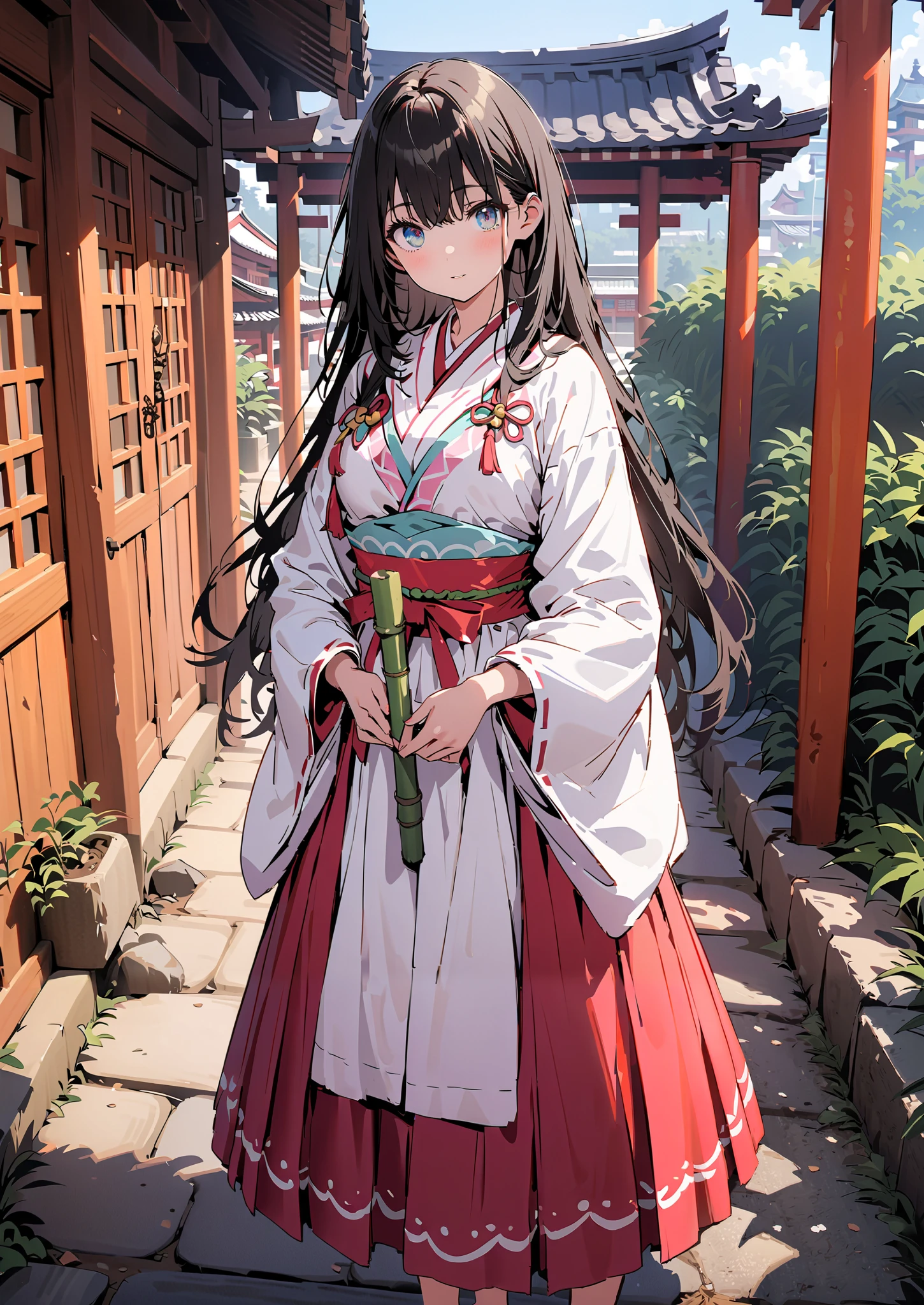 It's because of Rikkata,   black hair,  blue eyes,semi-long hair,  Orange Scrunch , scrunchie , List Scrunch, shrine maiden costume, white kimono ,Red Hakama,I'm cleaning the stairs with a bamboo broom with both hands,noon,full bodyがイラストに入るように,                                               break outdoors, shrine,
break looking at viewer,full body,
break (masterpiece:1.2),Highest quality , kampala, Unity 8K Wallpaper ,(shape:0.8),(  fine, beautiful eyes  :1.6),It's a person ,full body写真,CG Details , (perfect hands, complete anatomy),