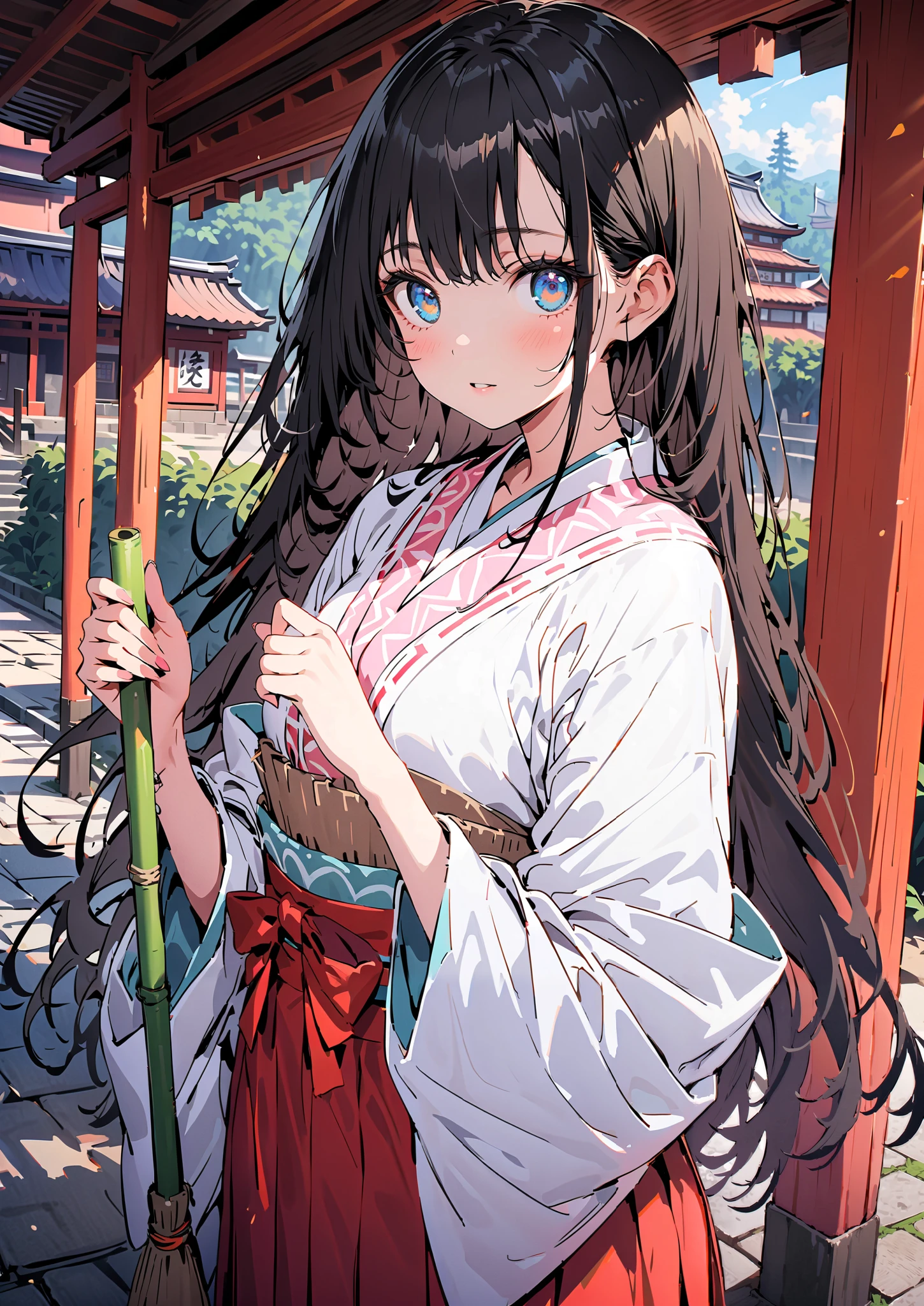 It's because of Rikkata, black hair, blue eyes,semi-long hair, Orange Scrunch , scrunchie , List Scrunch, shrine maiden costume, white kimono ,Red Hakama,I'm cleaning the stairs with a bamboo broom with both hands,noon,full bodyがイラストに入るように, break outdoors, shrine,
break looking at viewer,full body,
break (masterpiece:1.2),Highest quality , kampala, Unity 8K Wallpaper ,(shape:0.8),( fine, beautiful eyes :1.6),It's a person ,full body写真,CG Details , (perfect hands, complete anatomy),