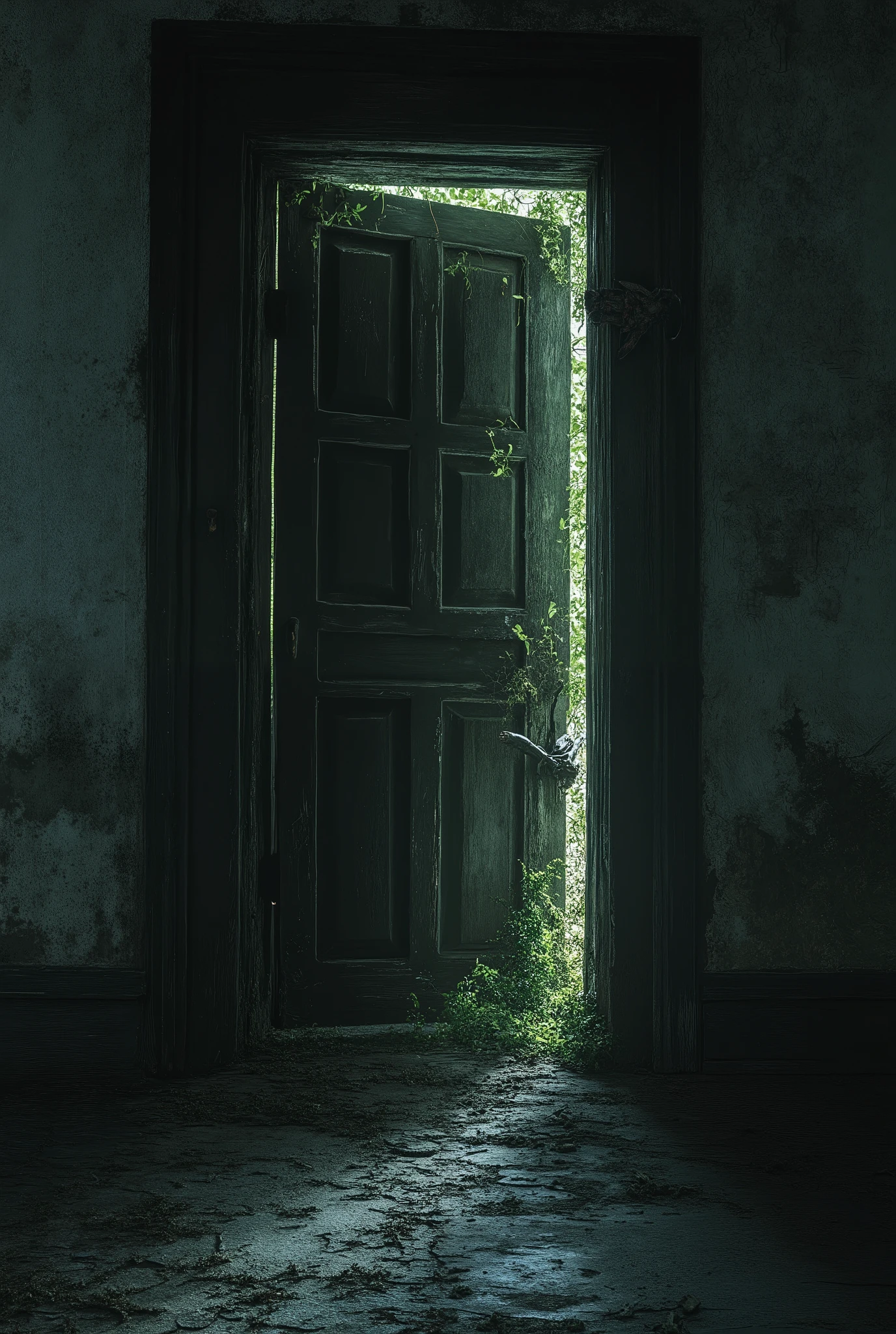 Une porte ancienne et intacte, en contraste avec le reste de la maison. Elle est légèrement ouverte, laissant échapper une lueur surnaturelle. Une main pâle et osseuse semble s’agripper au cadre.

Style : Anime horreur, éclairage contrasté, ambiance surnaturelle.

Cadrage : Zoom sur la porte pour intensifier la tension.