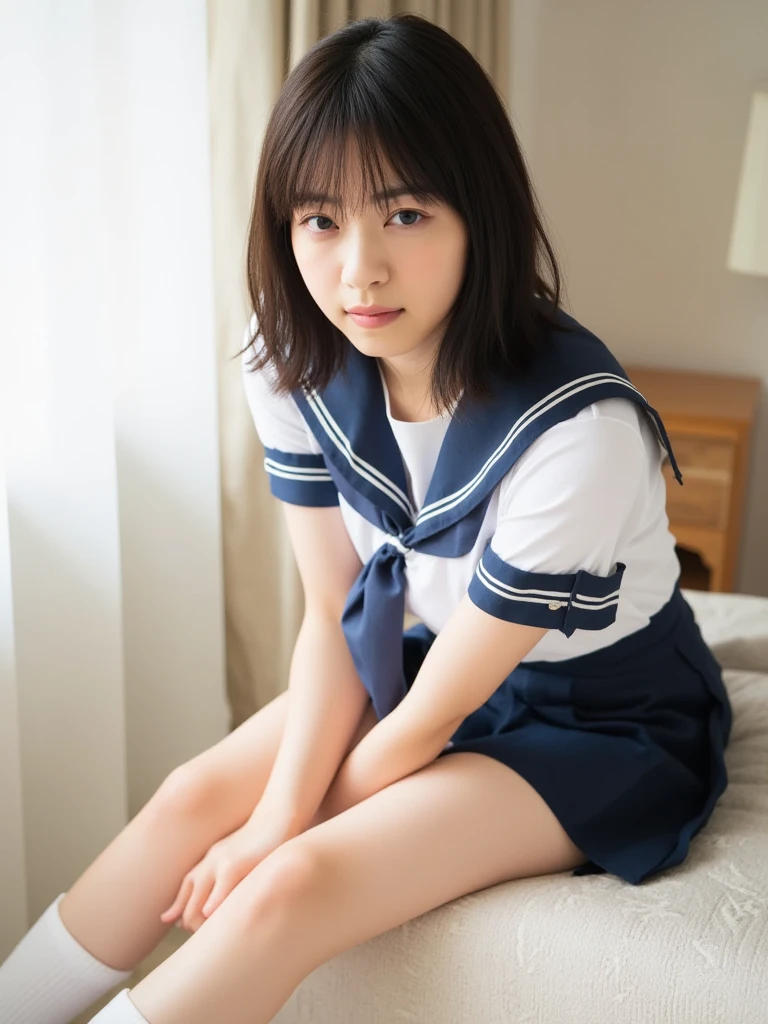 ((Highest quality)), ((Photo quality)), (detailed), Perfect Face,,Upper Body,Thin arms,White skin,bed,Japanese Uniform,Summer clothes,middle School girls,Sailor suit,Navy Blue Skirt,Red ribbon,Bedroom