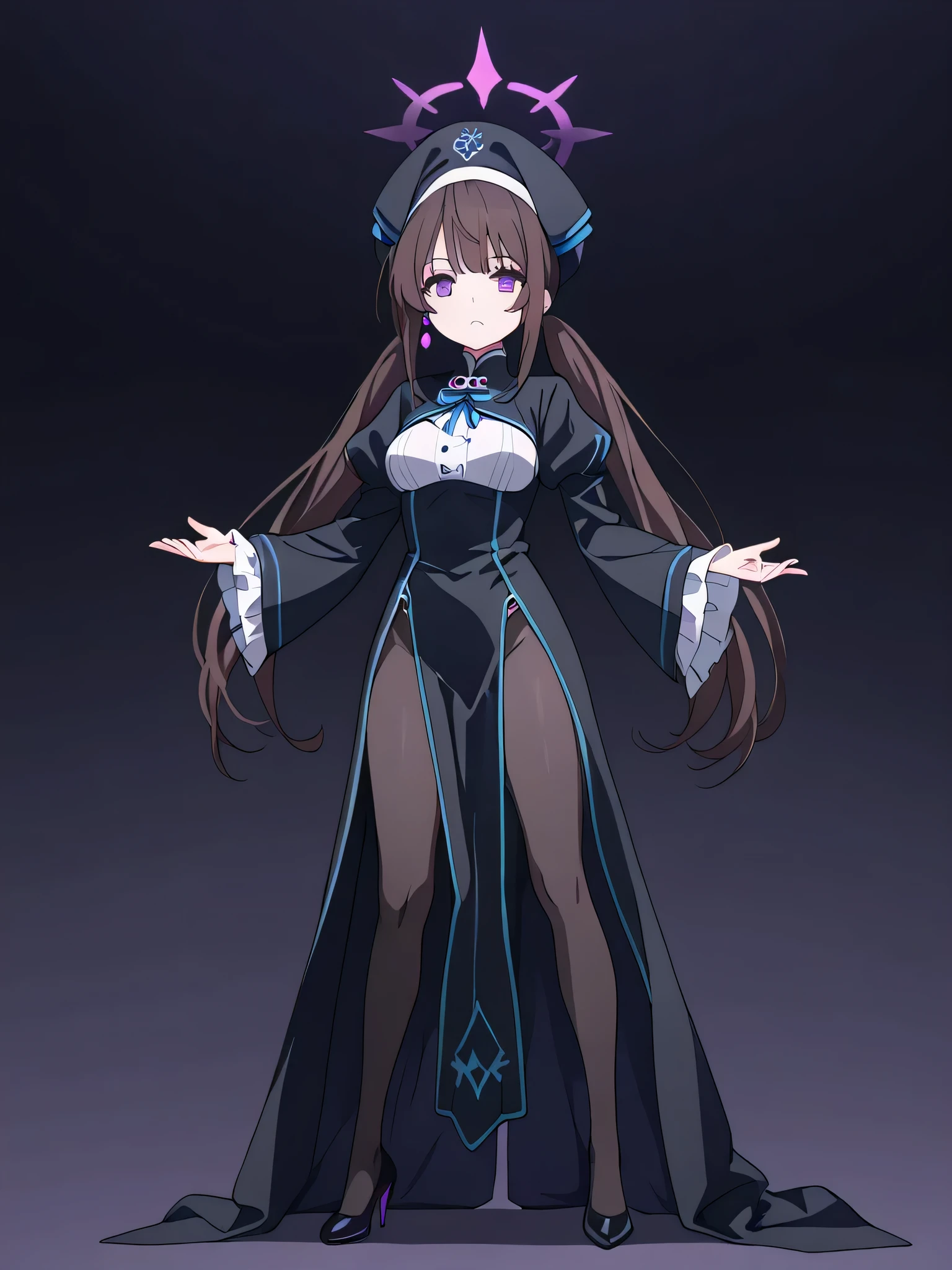 1girl, Solo, looking at viewer,( beautiful white girl:1.6, Dark brown hair, long twin tails hair, Dark purple-colored eyes, cracked purple glowing halo), beauty, ahoge, very detailed目と顔, long eyelashes, beautiful medium breasts, tall girl, perfect hand, perfect leg, perfect fingertips, perfect face, perfect eyes, glowing dark purple earrings, black dress, frilled sleeves, frills, hat, black headwear, pelvic curtain, high heels, black robe, long sleeves, puffy sleeves,black heels, black pantyhose,purple accent, straight pose, standing, straight arms, ((neutral expression)), frown, straight mouth, Quiet, dark,( top quality:1.2, very detailed, high detailed CG illustration , soft focus, Masterpiece:1.2, Best Aesthetics), no background