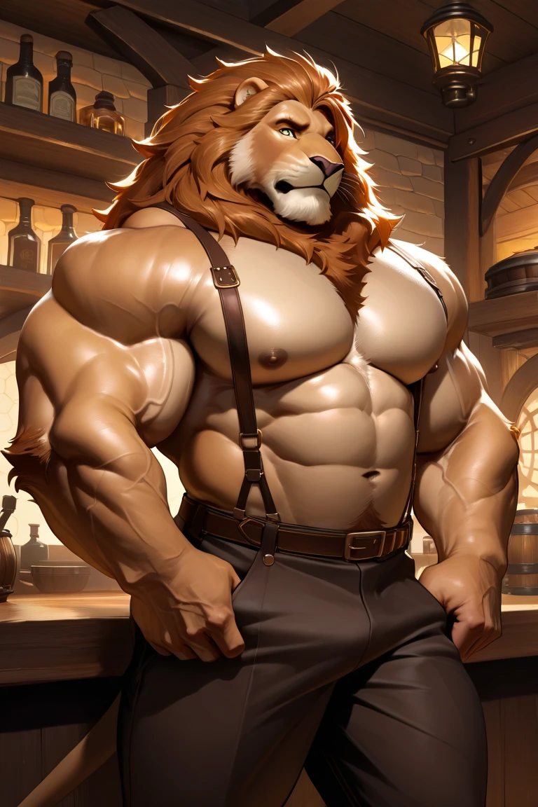 solo, male focus, lloydip, lion, blue eyes, blue nose, blue tongue, mane, vest, shirt, bow, sitting on chair, looking at viewer, smile, open mouth, teeth, detailed bar background, sunlight, masterpiece, intricate, ((detailed face, detailed eyes)), by zackarry911, by zaush, (by personalami:0.5), erection, thick cock, 4k, hi res, best quality, masculine,