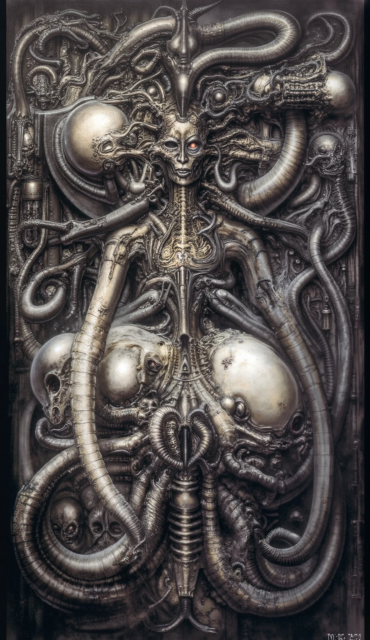 Please reproduce the original image as accurately as possible, capturing the intricate details of the biomechanical structures, the dramatic lighting, and the overall sense of unease. Find and enhance depiction of Giger's demons and creatures.(best quality:1.4). Use DARK BLACK COLORS.The final image should evoke the same sense of awe and dread as the original artwork by H.R. Giger,, (best quality:1.4), H.R. GIGER, BY GIGER, a mural depicting a woman with dark powers connected to death and darkness, tendrils stretch from her fingertips, monsters lay at her feet, she is the mother of monsters, she feeds the monsters via tentacles on her fingertips, mother of all monsters, codex, her eyes shine red, golden details, she feeds monsters, symmetrical, perfect, evil, darkness, sacred geometry, gold in details, octopus,
