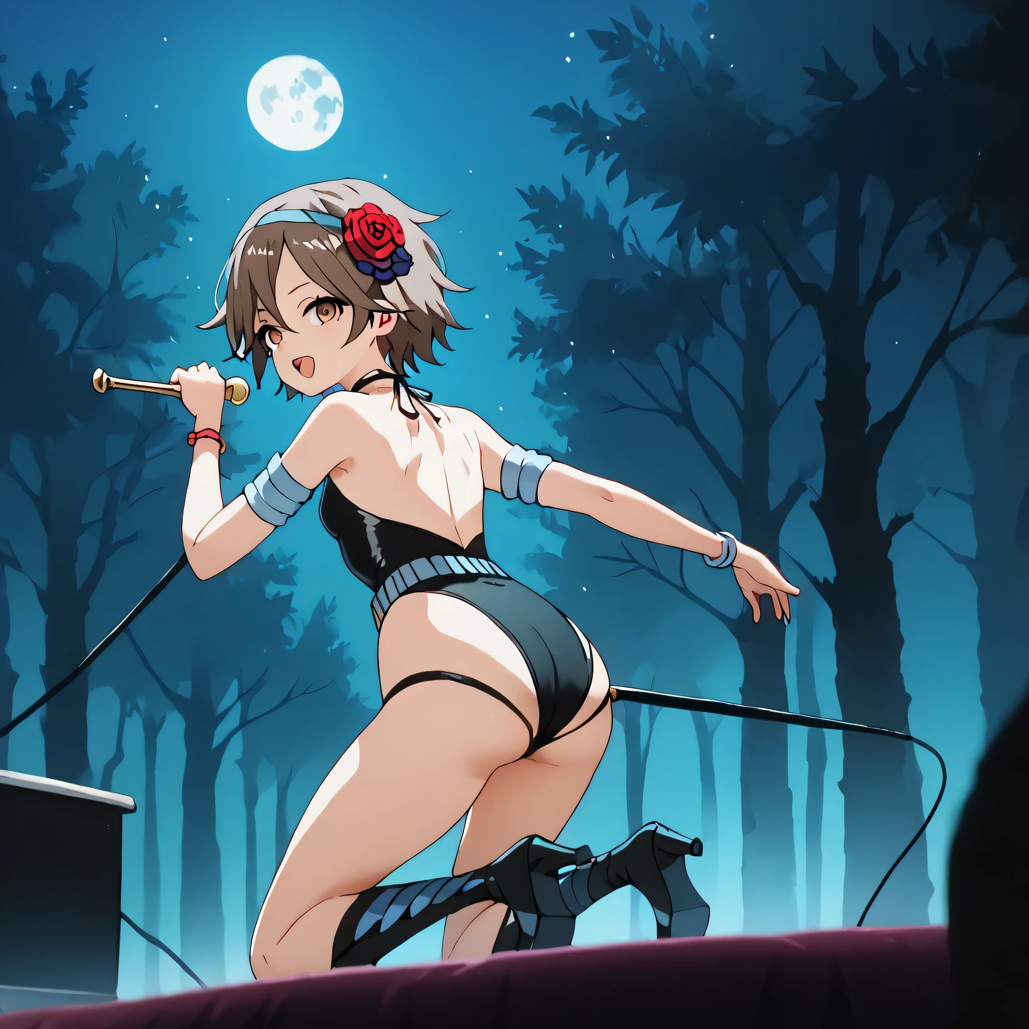 (((Masterpiece))), (((Best Quality))), ((Super Detail)), ultra-High resolution, score_9,score_8_up,score_7_up,score_6_up,score_5_up,score_4_up, BREAK, source_anime, anime screencap, uncensored, rating_explicit, Masterpiece, (best shadow), (absurdres), (detailed background), (very aesthetic), shiny, detailed beautiful eyes, outstanding, countershading, detailed soft lighting, an exquisite animation illustration, curvy, dark persona, empty eyes, blank eyes, looking at viewer, Fighting Stance, horizontal pupils, (((black leotard, clothing cutout))), high heel boots, knee boots, circlet, armlet, bracelet, belt, halterneck, (((solo, 1girl))), hair ornament, small breast, kagetsu, brown eyes, brown hair, short hair, hair flower, seductive pose, submissive pose, forest background, flower backgroundm night, moon, horror, dark theme, ass, lookimg from back, view from back, from behind, from back, ass, (((singing, sing a song, dancing)))