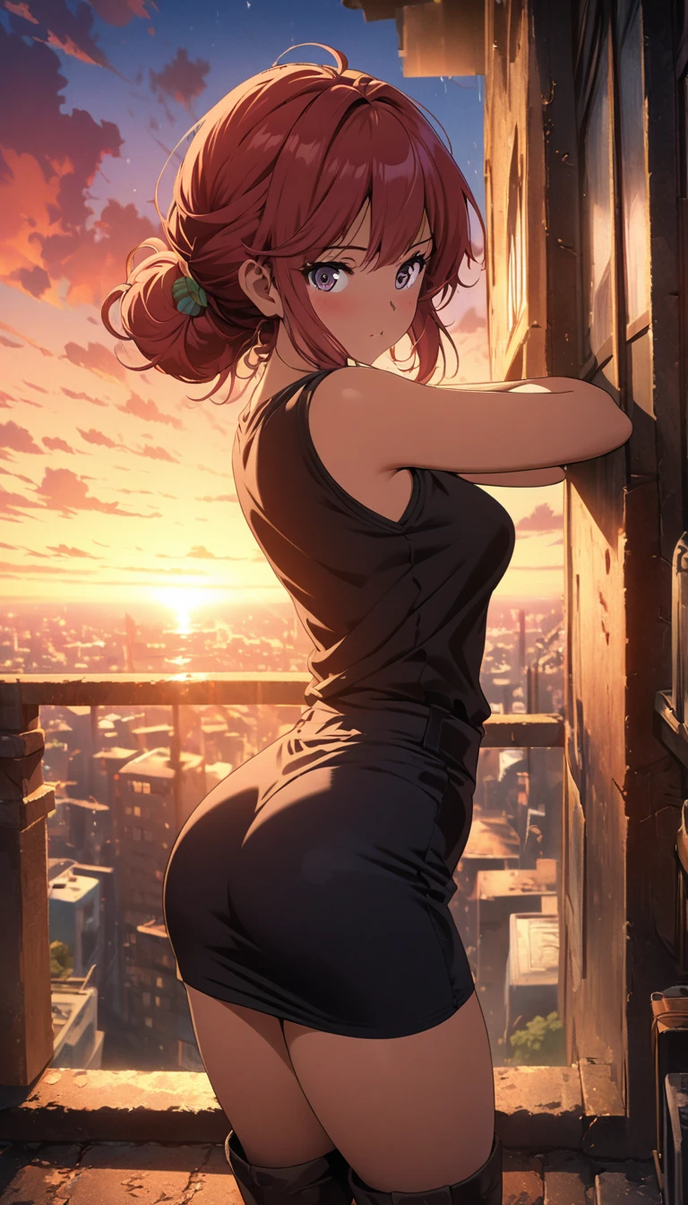 ((best illustration)) Brazilian girl, red hair, teenage body, black top, black tight skirt, black boot, urban landscape, building, skyline, sunset, silhouette against the clouds, contemplative.