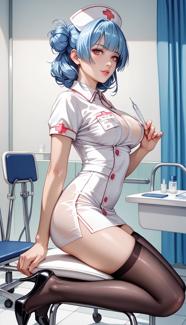 Sexy nurse,short blue hair,Black eye,serious look, showing pussy,big boobies 