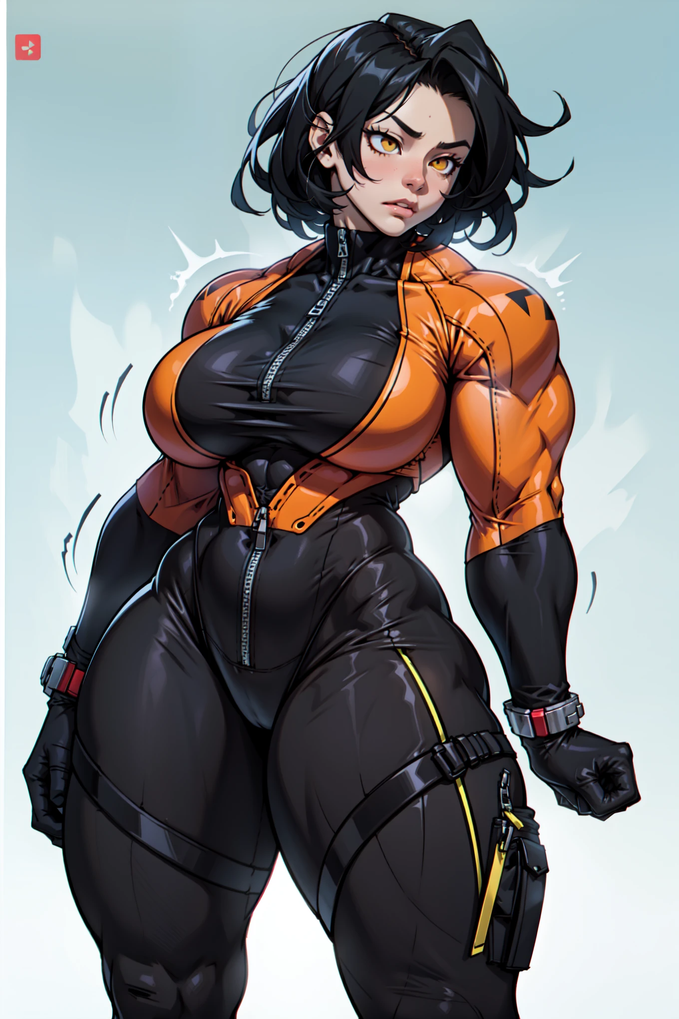 huge muscles huge breasts huge thighs sad expressionless black hair yellow eyes pale skin woman skintight suit super detailed highest quality