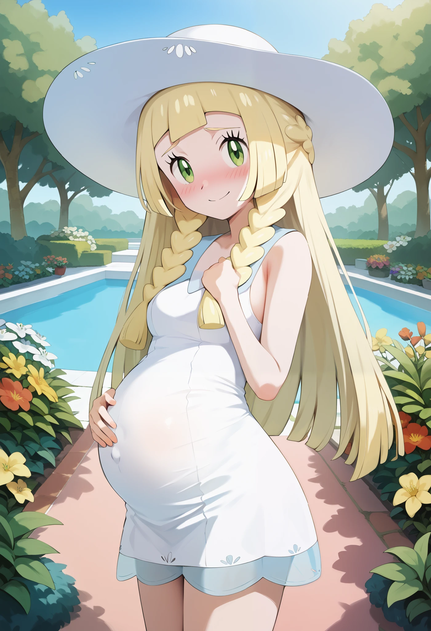 ((8k, top quality, masterpiece: 1.3)),best quality, ultra high res,score_9, score_8_up, score_7_up, score_6_up, score_5_up, score_4_up, source_anime, lillie, long hair, blonde hair, green eyes, standing, medium breast, smile, white dress,embarrassing, sun hat, white headwear, looking at viewer,White dress, short dress, garden, in the garden, garden background. Pregnant, pregnancy, shy smile, blush. Detailed background, anime background. 
