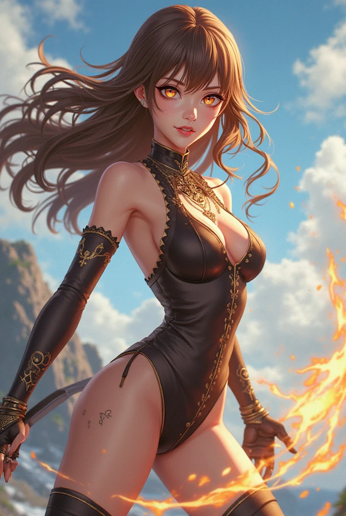 Highly detailed CG unit 8K wallpaper, masterpiece, High resolution, highest quality, highest quality real texture skin, Super Real, Digital Painting, Best image quality, 最High resolution, 8K, (((1 girl))), Very beautiful teenager, ((Highly detailed eyes and face)), Beautiful eyes in every detail, (Full Body Shot, Look away), bare shoulders, short dress, cleavage cutout, sideboob, thighs, chinese style embroidery, (gigantic breasts, sagging breasts, disproportionate breasts, huge breasts, sagging breasts, curvy, erect nipple, ),((tanned skin)), smile, Strong winds, typhoon, light brown hair,