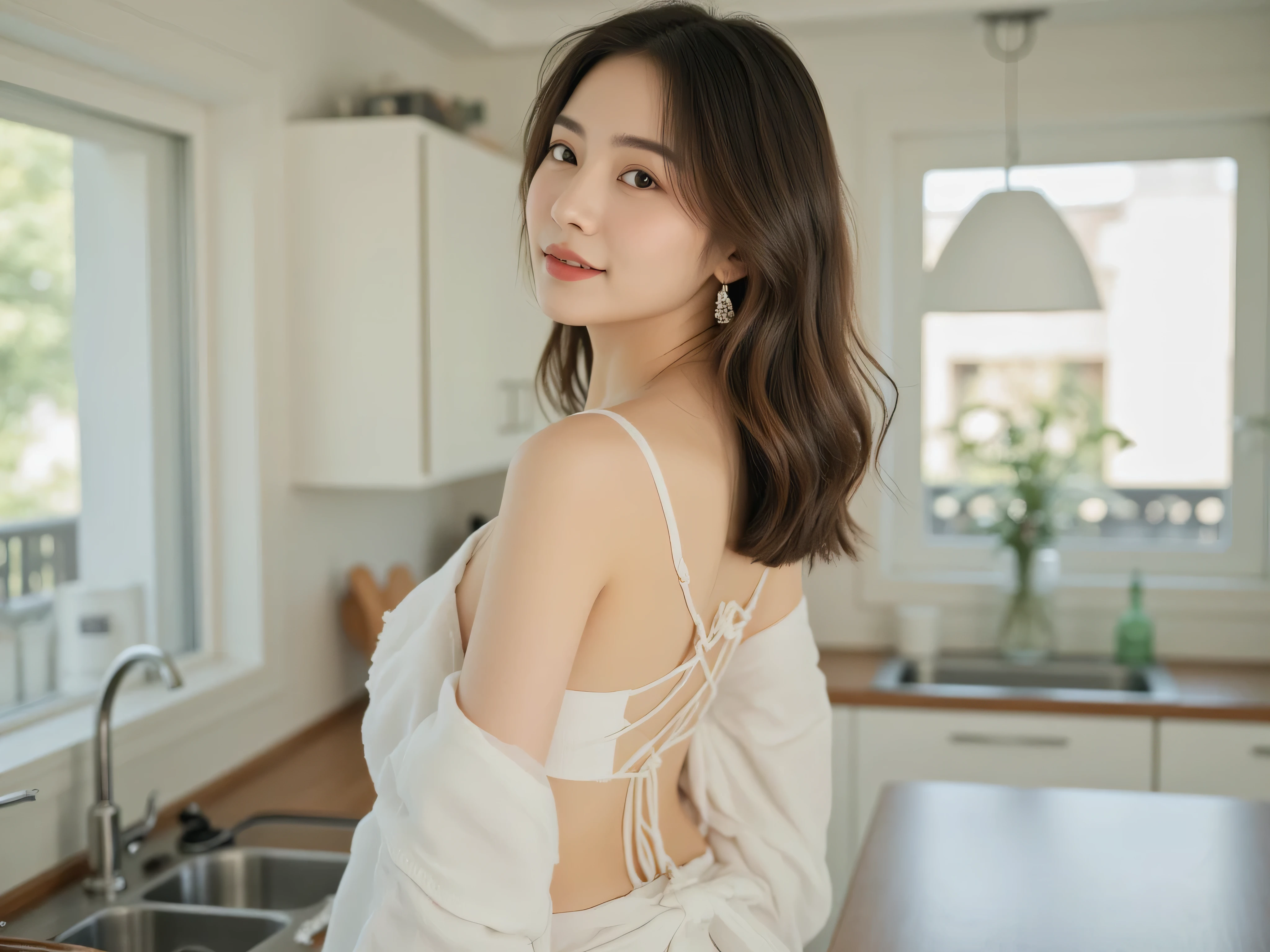 A breathtakingly beautiful Japanese woman in her early 20s, with flawless, radiant skin and delicate facial features. She wears a sheer, loose white shirt draped over her shoulders, revealing a sophisticated white thong bikini set. Her back is elegantly exposed, showcasing the intricate lace-up design of her bikini top. She stands in a modern, cozy kitchen bathed in soft natural light from a large window. Looking back with a mesmerizing smile, she exudes elegance, confidence, and irresistible charm.