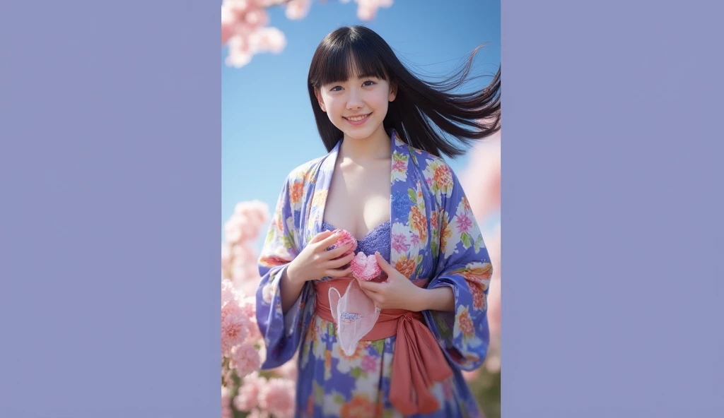 masterpiece、1 beautiful girl、Detailed eyes、Puffy eyes、Highest quality, 超High resolution, (Reality: 1.4), Cinema Lighting、Japanese、Asian Beauty、Super Beauty、Beautiful Skin、Slender、(Surreal and fantastical)、(High resolution)、(8k)、(Very detailed)、(Beautiful and detailed eyes)、(Ultra-detailed)、Detailed face、Bright lighting、Professional Lighting、(The costume is a kimono)、Short Hair, Hair fluttering in the wind、（Future cityscape）、Black Hair、Age 15、expensive, smile,Double teeth、(((Turn your body forward)))、Show your whole body、Flying in the sky、Arms outstretched