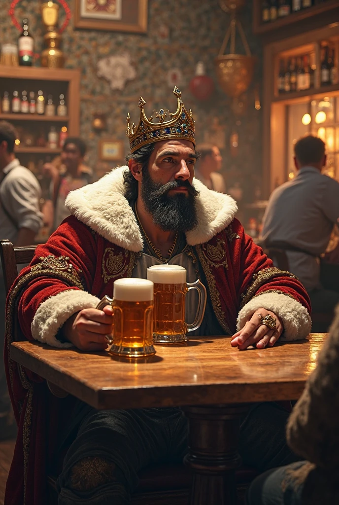 Um desenho 3D de um homem barbudo, gordo e sem camisa, sitting on a throne with a crown on his head and holding two glasses of beer, one in each hand.