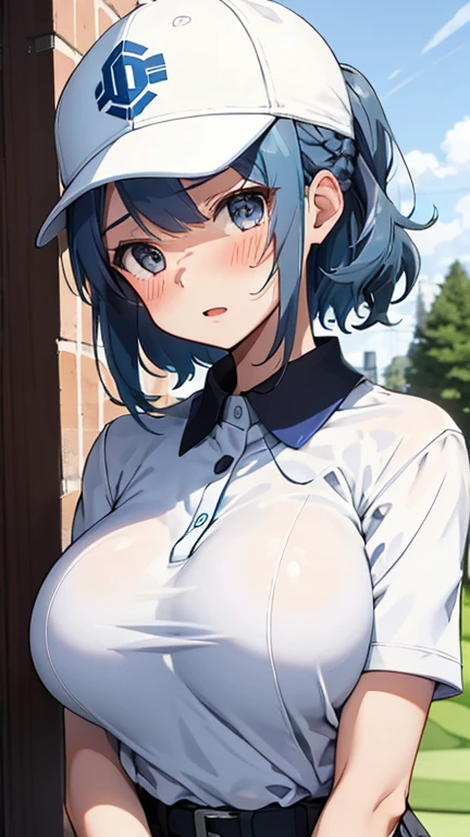 mastute piece,Best Quality,insanely detailed,8k cg,nsfw,
(shoot upper body:1.3),
(1girls:1.3),standing,looking at viewr,body in front,both arms behind back,(golf-wear:1.3,golf-cap),(bare breasts:1.1),(bare nipples:1.1),
break,
blush,shy,(ecstasy face),(trembling:1.2),break,(blue hair:1.2),
break,
perfect breasts,perfect teats,(open mouth:0.9),(large breasts:1.2),
(golf-course)、
