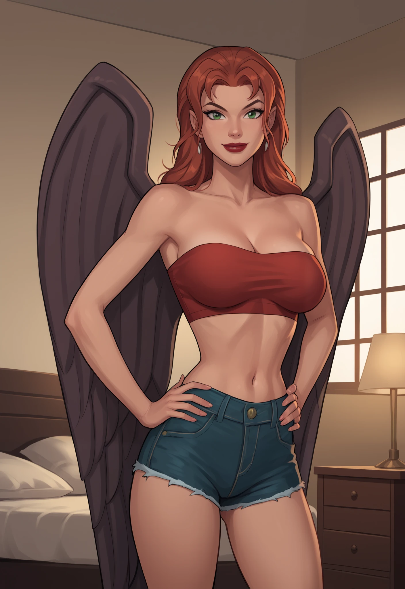 safe_pos, PonyXLV6_Scores BREAK ((retro artstyle, parody)), perfect anatomy, cowboy shot) shayera hol, wings, mid-length curls hair, green eyes, ((looking at viewer)), superhero, red tube top, red jean shorts, curvy, athletic, large breasts, standing, indoors, smile, bedroom , happy expression, red lipstick, hands on hips, seductive pose,