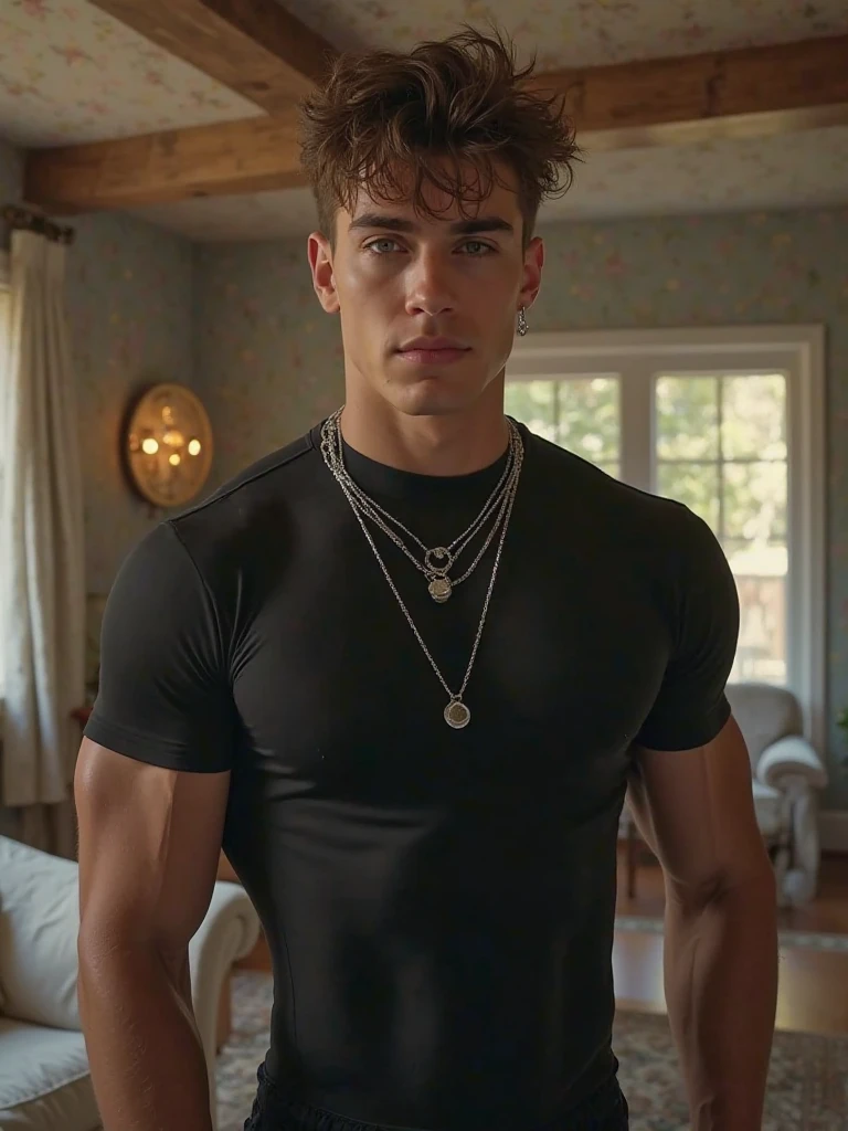 a highly detailed full body Photo of a young man with afro hair who is cooking in the kitchen, with ,naked only with tight boxers that show a little male genitalia, and a white tight tank top, a woman in the background, ((extreme close up)), (pale), 1boy, solo, (Detailed Face), (perfect detailed eyes:1.1), (highly detailed skin:1.1), college guy, sliver necklace, tattoo on arm, male, slim, skinny, thin, lean, handsome African rock star,Black skinny boy, hot male waiter, perfect athletic body, shirtless, hairy legs, Modelshoot style, Professional Photography, PHOTOREALISTIC, Cinematic, Realistic, sunset, standing in many plants cafe background, real human skin, detailed skin pores, highly detailed eyes, detailed skin, skin texture, intricately detailed, fine details, RAW, analog, sharp focus, raw, 8k uhd, high resolution, DSLR, high quality, Fujifilm XT3, award winning, masterpiece