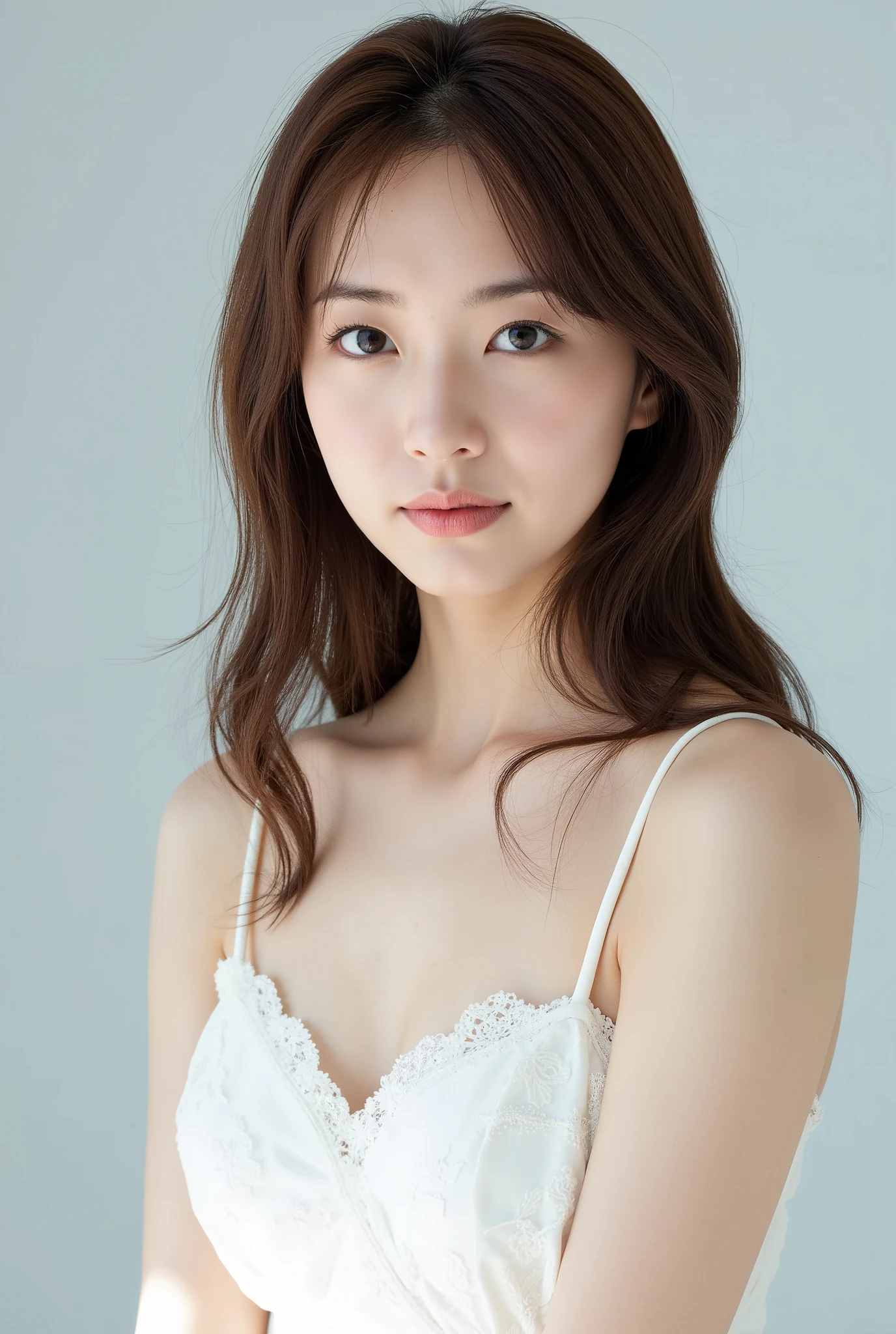 Create a portrait of a stunning  Japanese idol girl, focusing on a close-up from the shoulders up. She has a slender figure and a petite chest, with medium-length hair. The outfit should reflect a light and breezy spring fashion, suitable for a fashion magazine gravure shoot.