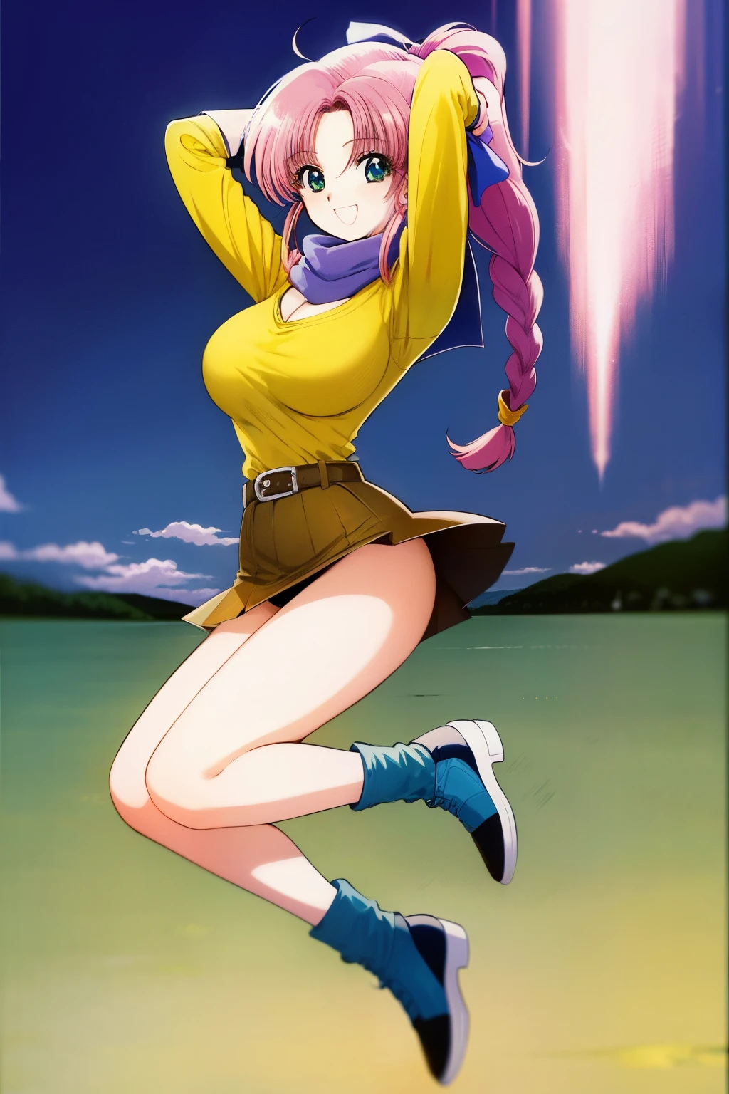 1990s \(   style\), 1990s anime cels    style,  Highest quality ,  High Resolution, ( big eyes:1.2),  1 girl, ,  embarrassing, smile, (Big Breasts:1.2), ,masterpiece,Highest quality 、( 1 girl:1.4),masterpiece、Highest quality、High Resolution,full body,slender,busty, green eyes,all back hair,blmpony,purple hair,hair bow、braided ponytail、yellow shirt,yellow skirt,Fluttering skirt,belt、 scarf、,super miniskirt,Bulma letters for clothes、 brown gloves、Outdoors, Compa,skirt,full view panties,pastel pink panty,smile, arms behind head