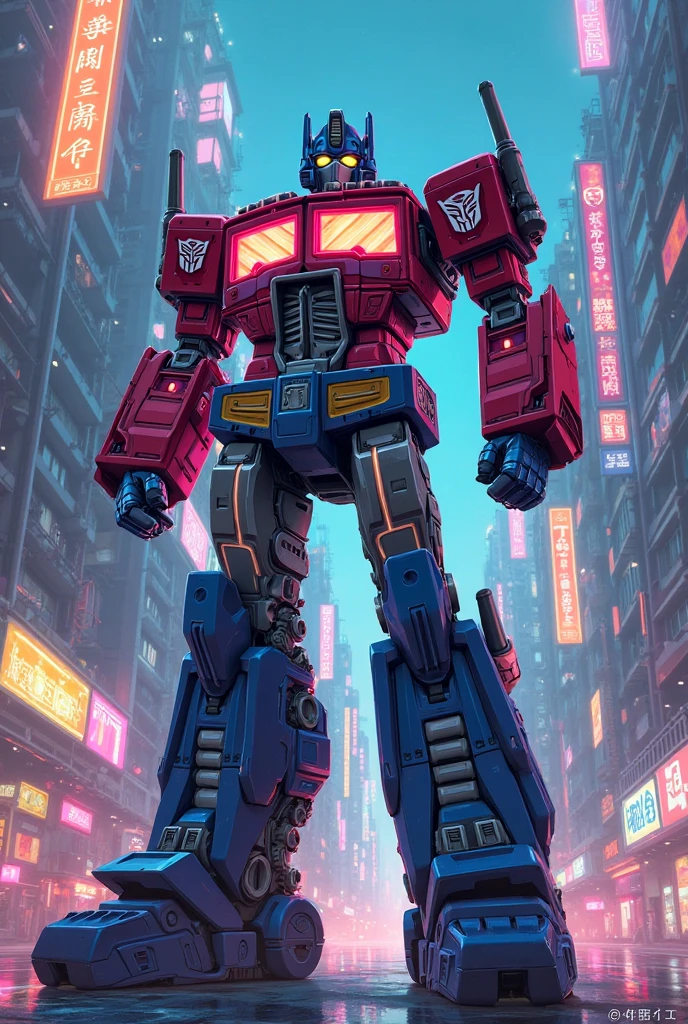 A highly detailed and realistic cyborg mecha figure of Optimus Prime, surrounded by a group of beautiful anime-style girls in colorful and intricate costumes, inspired by characters from Demon Slayer, Re:Zero, Konosuba, Fate/Zero, and other popular anime series, masterfully rendered in a dynamic and cinematic composition with a vibrant, neon-infused cyberpunk aesthetic, ultra-detailed, 8k, photorealistic, dramatic lighting, vivid colors, intricate mechanical design, seamless integration of organic and inorganic elements, a sense of motion and energy, cinematic framing