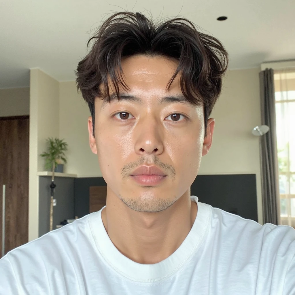 (((realistic daylight)) , Young Korean man in a simple brown t-shirt only, no pattern, and jeans., A handsome, muscular young Asian man looks at the camera. , in the restaurant ,turn sideways