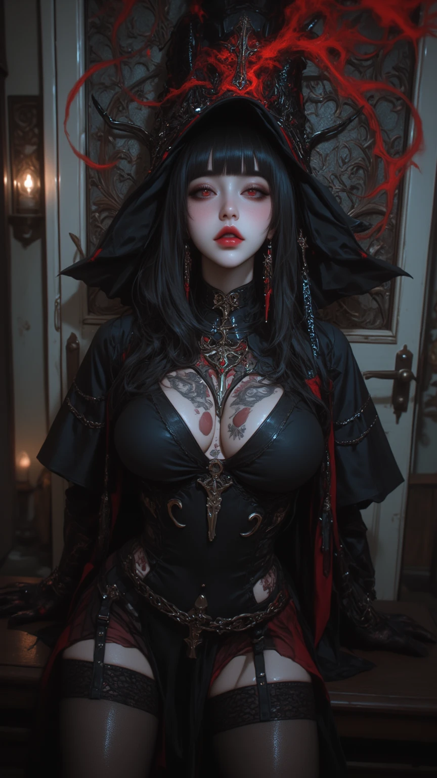 RAW dark photo, beautiful Vampire with long face in ((highly intricate black detailed lace robe and ((red and golden and silver inserts)))), wearing ((highly intricate detailed black heavy metal lingerie armor with diamonds and ruby)), (in dark Gothic castle )++, ((blood runs down on the chest and tits)) , the goddess of pain and blood and sex, heros of might and necropolis town, (((drinking blood from detailed cup holy grail))), full lips, ((blood dropping from lips))++, high resolution, bimbo, (huge tits)++, detailed, intricate dress, sharp resolution, bokeh, (high detailed skin:1.2), 8k uhd, dslr, dark soft lighting from candles, high quality, film grain, Fujifilm XT3