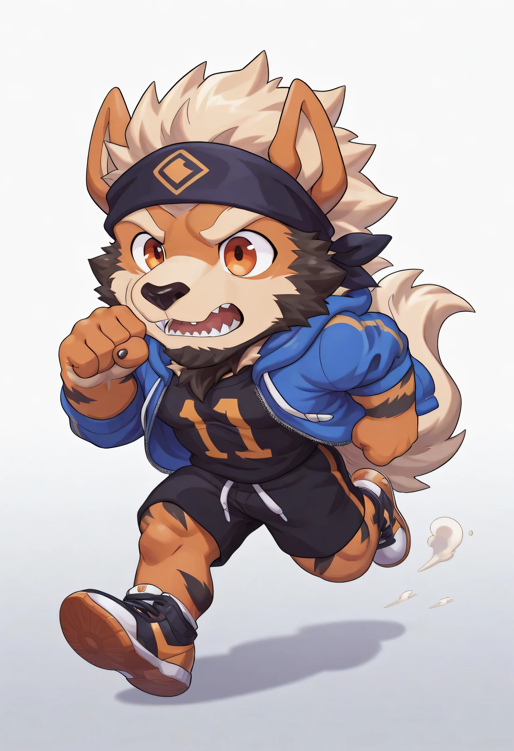 solo, 1boy, arcanine, black beard, furry, bara, orange eyes, (chibi:1.3), headscarf, sneakers, running, blue open hoodie, black shorts, score_9, score_8_up, score_7_up