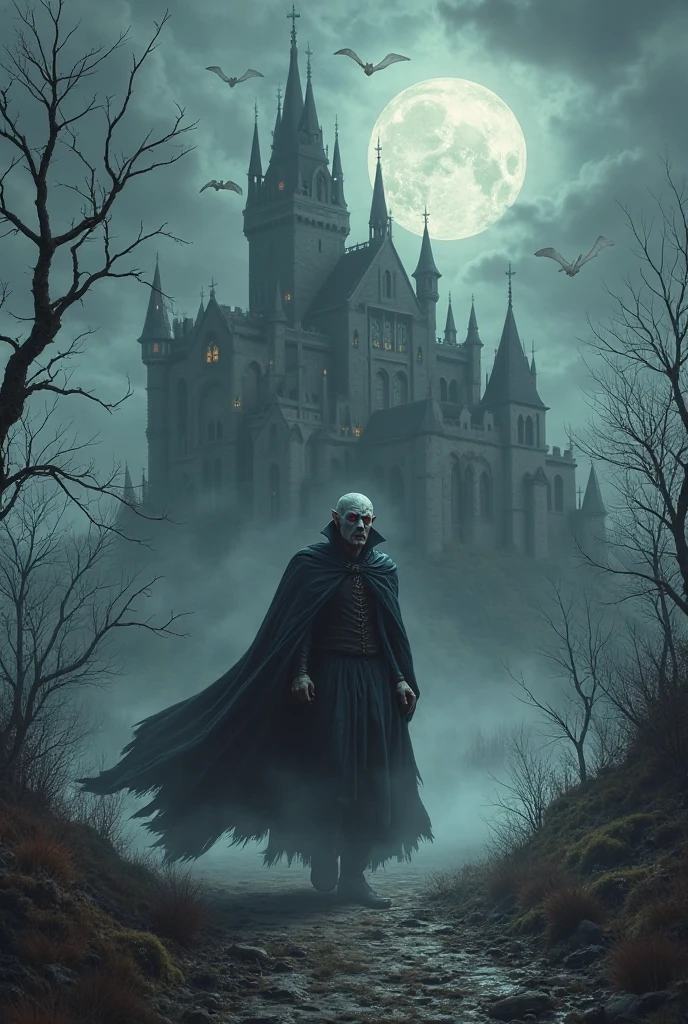 a very small gothic town with lights only inside the buildings and some even completely dark, behind and on top of a cliff is a vampire count in front of his dark and spooky castle on top of a high hill and under a dark sky with one lightningbolt glooming in the night