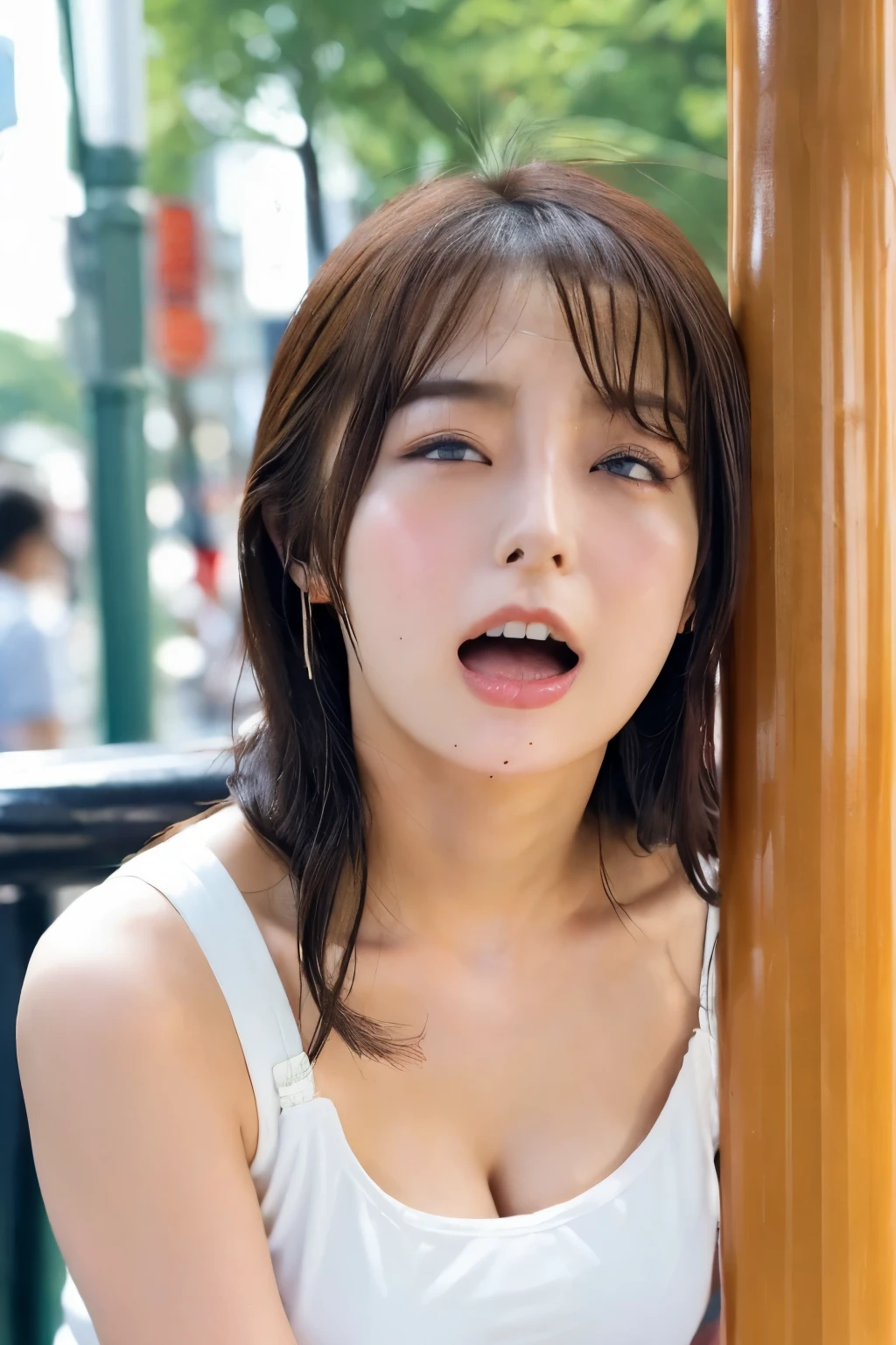 Close-up of face, (lean against a pole:1.5), ( top quality, masterpiece:1.2), highly detailed , high res, 8k Wallpaper, perfect dynamic composition, Eyes with Attention to Details , look up at the sky, summer trend fashion, open mouth, licking, gape mouth, She squints her eyes, (orgasm face:1.5), (Woman with open mouth and narrowed eyes, deep acme: 1.1), Surrounded by people, 20 years old, cute Japanese woman, sexy style ,in a busy city, Tokyo , camera sexy shot, summer fashion ,Summer clothes, see-through