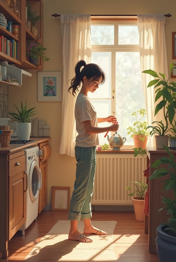 there is a woman standing in a room with a plant in her hand, adorned with all kind of plants, with flowers, indoor picture, with flowers and plants, holding magic flowers, with cactus plants in the room, photoshoot, next to a plant, very very low quality picture, holding maracas, holding a cactus, carrying flowers, holding flowers --auto