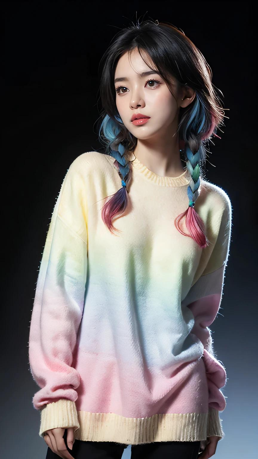 illustrator, anime , realistic ,sketch , 1girl, ,lip, Sweater,order, Blue gradient background, Neon hair,Textured crop, Canadian, (masterpiece,best quality)