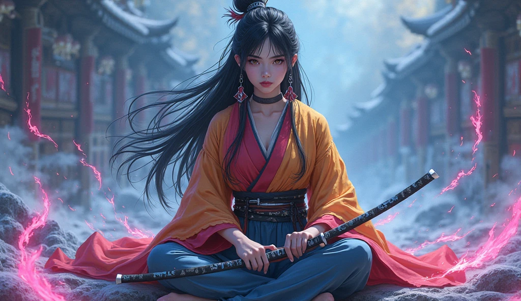 a picture of a (female monk: 1.2) sitting and meditating near a waterfall in a bamboo forest,  there is a human woman monk wearing monk garbs, (epic sized waterfall: 1.3), red hair, long hair, full body (best details, Masterpiece, best quality :1.5), ultra detailed face (best details, Masterpiece, best quality :1.5), ultra feminine (best details, Masterpiece, best quality :1.5), exquisite beautiful (best details, Masterpiece, best quality :1.5) red hair, long hair, wavy hair, pale skin, blue eyes, intense eyes, water coming down from a volcanic cliff, she is sitting in a rich epic bamboo forest, clear water in many hues of blue and azure, it is the dawn of day, between night and day, the sun is rising, a time of meditation and serenity, bamboo forest background, fantasy art, photorealistic, D&D art, ultra best realistic, best details, best quality, 16k, [ultra detailed], masterpiece, best quality, (extremely detailed), ultra wide shot, photorealism, depth of field, hyper realistic painting, Cinematic Hollywood Film