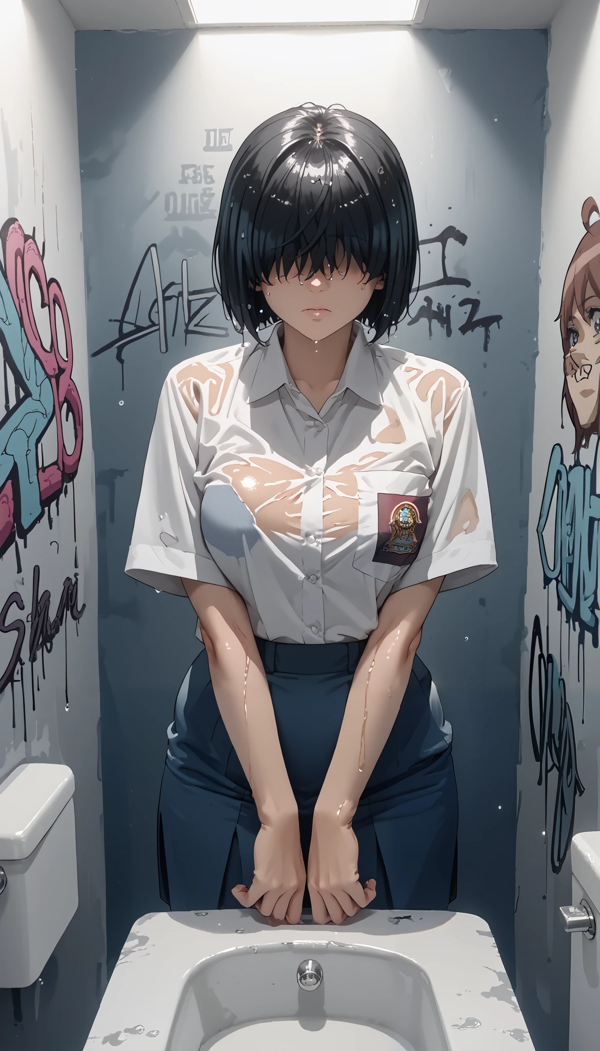 score_9, score_8_up, score_7_up, source_anime, Kaori sakaki,1 girl,alone,black hair, short hair,wide hips,hair covering eyes, Indonesia high school uniform,big breast, perfect body, wide legs,hips up, photo art, high detail, high resolusi, best quality, women's toilet, graffiti wall background, mirror glass, sink, dim lights, wet body,