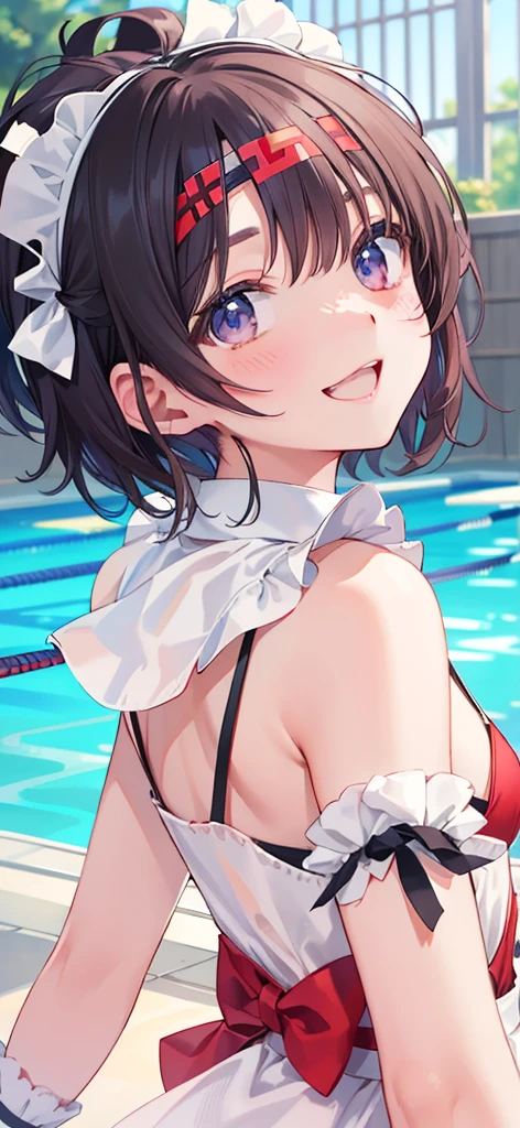 (Incredibly ridiculous absolute resolution:1.5)、hiquality、top-quality、masuter piece、Anime girl in red and white bikini, 魅惑的、Anime , 8k Manga Wallpapers, Smile、Shy laughter、((small curvy loli pretty anime girl,((swimming pools))、(Medium Shorthair)、(short braided hair)