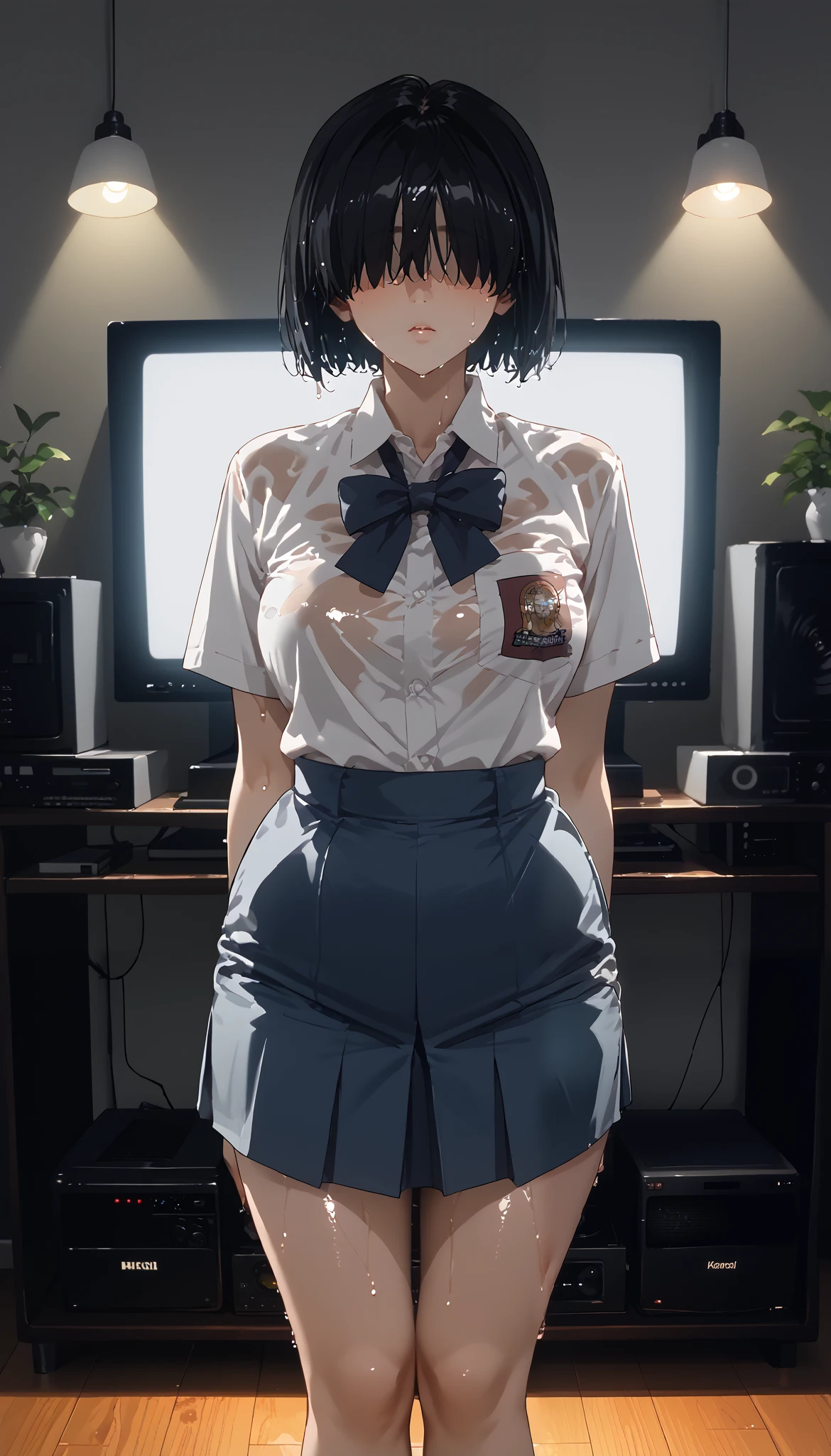 score_9, score_8_up, score_7_up, source_anime, Kaori sakaki,1 girl,alone,black hair, short hair,wide hips,hair covering eyes, Indonesia high school uniform,big breast, perfect body, Television, through the screen, wide legs,hips up, photo art, high detail, high resolusi, best quality, Behind the TV screen, dim lights, television light, wet body,