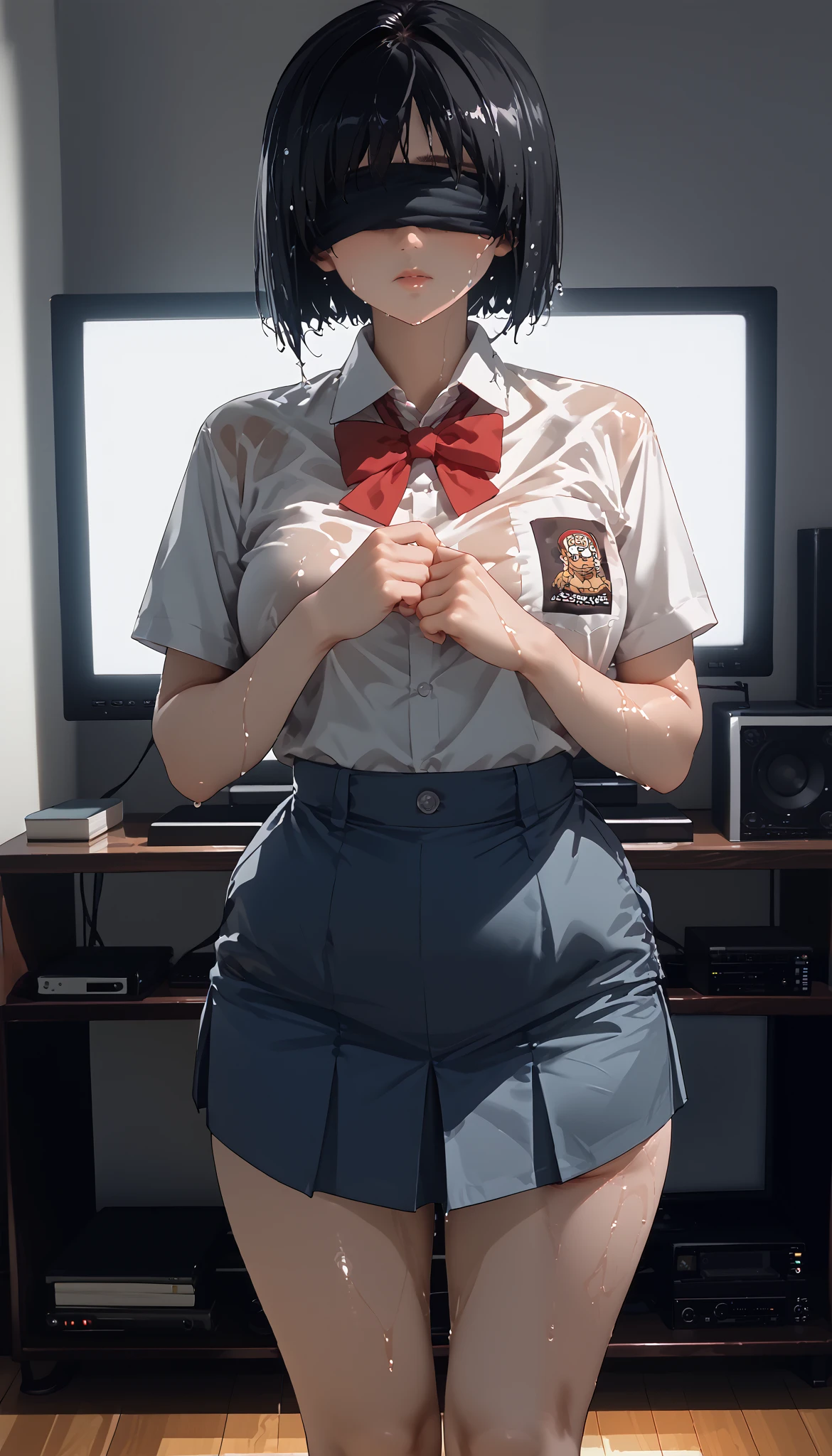 score_9, score_8_up, score_7_up, source_anime, Kaori sakaki,1 girl,alone,black hair, short hair,wide hips,hair covering eyes, Indonesia high school uniform,big breast, perfect body, Television, through the screen, wide legs,hips up, photo art, high detail, high resolusi, best quality, Behind the TV screen, dim lights, television light, wet body,