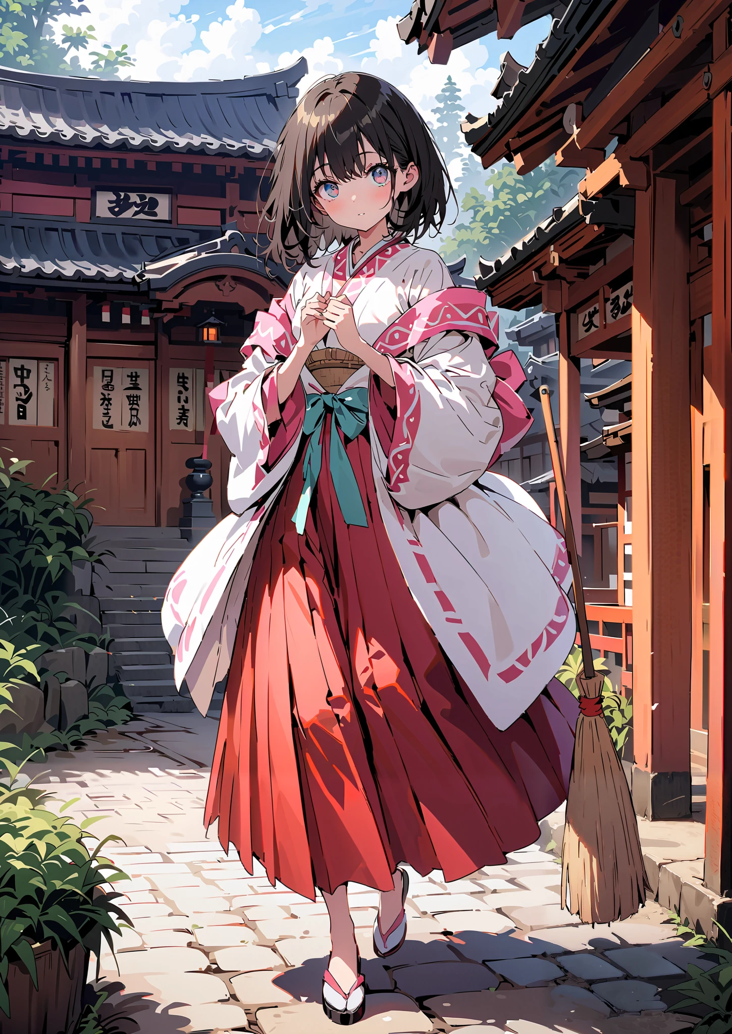 It's because of Rikkata,   black hair,  blue eyes, short hair,  Orange Scrunch , scrunchie , List Scrunch, shrine maiden costume, white kimono ,Red Hakama,I'm cleaning the stairs with a bamboo broom with both hands,noon,full bodyがイラストに入るように,                                               break outdoors, shrine,
break looking at viewer,full body,
break (masterpiece:1.2),Highest quality , kampala, Unity 8K Wallpaper ,(shape:0.8),(  fine, beautiful eyes  :1.6),It's a person ,full body写真,CG Details , (perfect hands, complete anatomy),