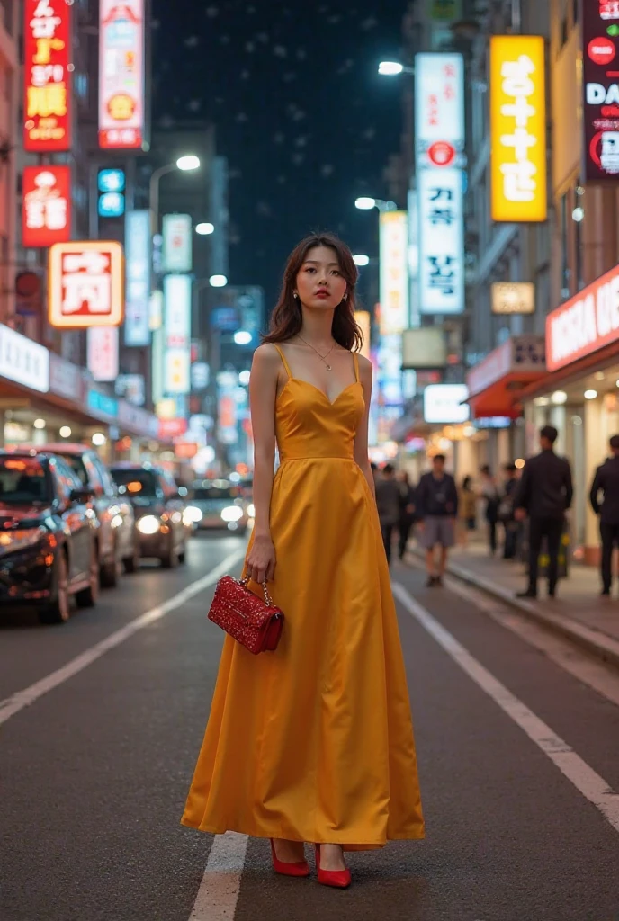 (1 lady), (Best quality at best:1.4), (ultra - detailed), (extremely detailed CG unified 16k), A Beautiful Woman with Perfect Figure: 1.4, Sharp Focus: 1.2, very detailed, High-definition RAW color photo, professional photoshooting, amazing face and eyes, cosmetics, (amazingly beautiful girl), ((asuka)), ((yellow dress)), standing, sexyposture,(Dark and stylish urban landscape, city lights, city lights:1.3), (look from down), realistic cinematic face, head to feet long wide zoomed out view, full body long view, photorealistic, ((realistic natural orange redhair style, blue eyes, long hair)), gorgeous, extremely beautiful face, perfect model beauty, pout mouth, Highly Detailed Face and Skin Texture, Detailed Eyes, Double Eyelids, Medium Breasts, Smile, cleavages, western, (masterpiece), best quality, high resolution, extremely detailed, blurred background, depth of field, cinematic lighting, amazing legs, high heels, clear and well-cared skin, (((woman occupies most of the picture)))