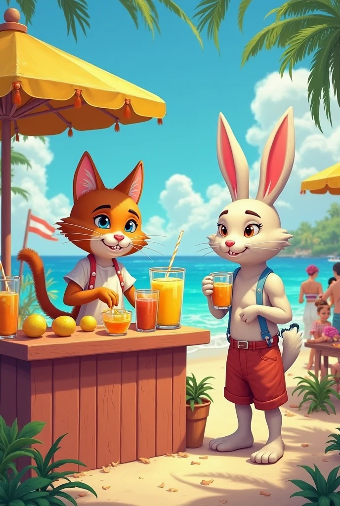 a ripndip cat and jessica rabbit sunbathing , on a day at the beach , drinking piña coladas , for two paintings , that when joined together they make one