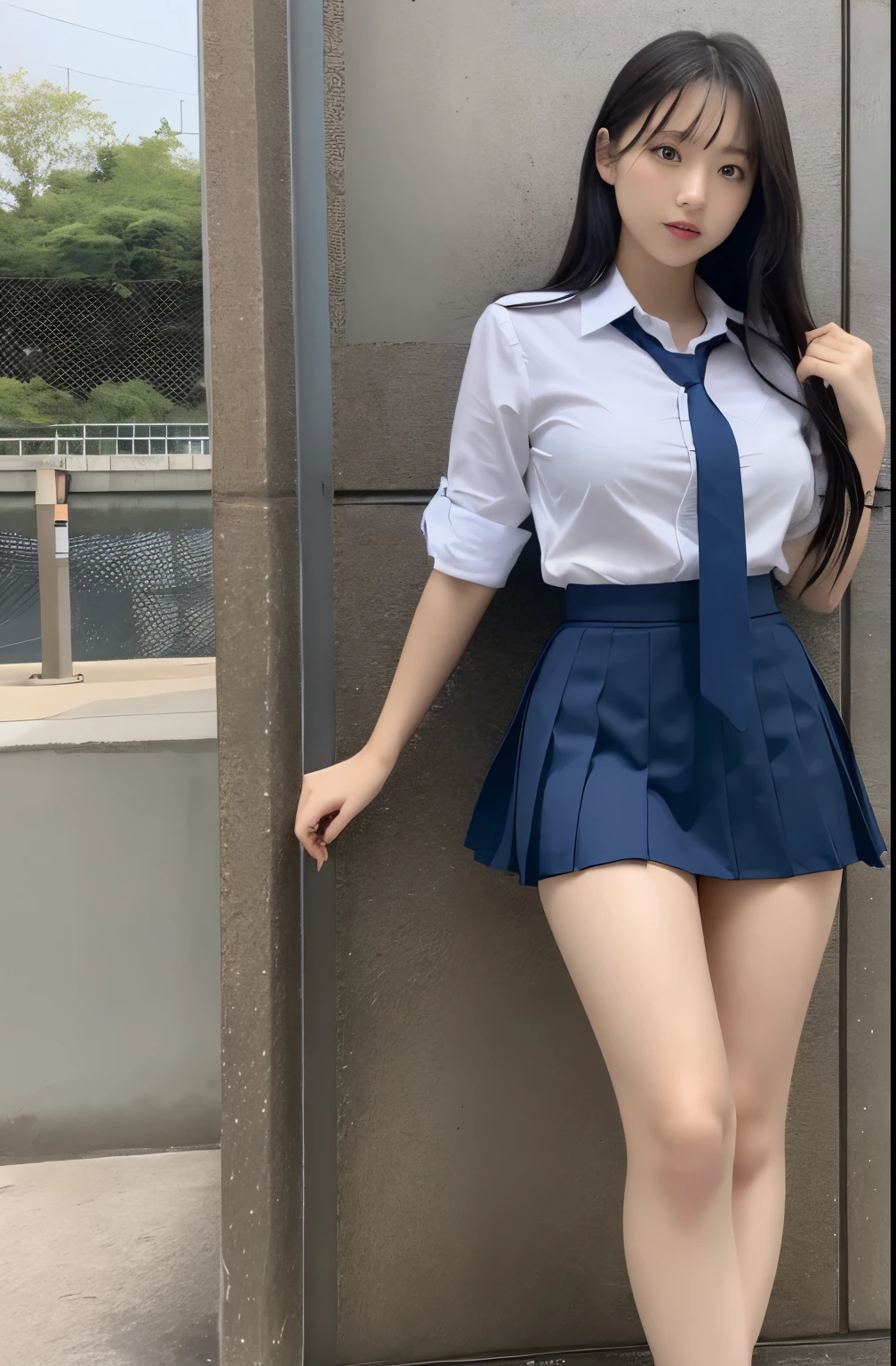(8K, 超A high resolution, Best Quality, masutepiece:1.2),(18year old:1.2)、(Look away)、8K、RAW portrait of japanese girl、Photorealsitic、超A high resolution、top-quality、 (quite massive chest、Hide all breasts:1.2)(hi-school girl、White collared shirt、The bra is visible through a rather large gap in the shirt、Navy Pleated Mini Skirt:1.38)、(Standing on a crowded station platform:1.2) Charming smile、(brown hair short bob center parting、Black loafers、Navy Socks:1.2)