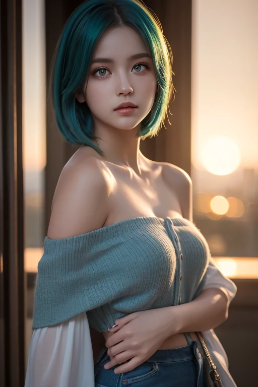 MakiSHS1, One, short hair, 1 girl, Looking at the viewer, green hair, naked, Nude girl, naked грудь, hands between legs, be shy, Bare breasts, sexy body, legs , closed mouth,female , yellow eyes, large грудь, on open air, sky, blue sky, clouds, trees, building, Sitting, Sitting in, girl Sitting, BREAK masterpiece, Best quality, very detailed background, perfect lightingBest quality